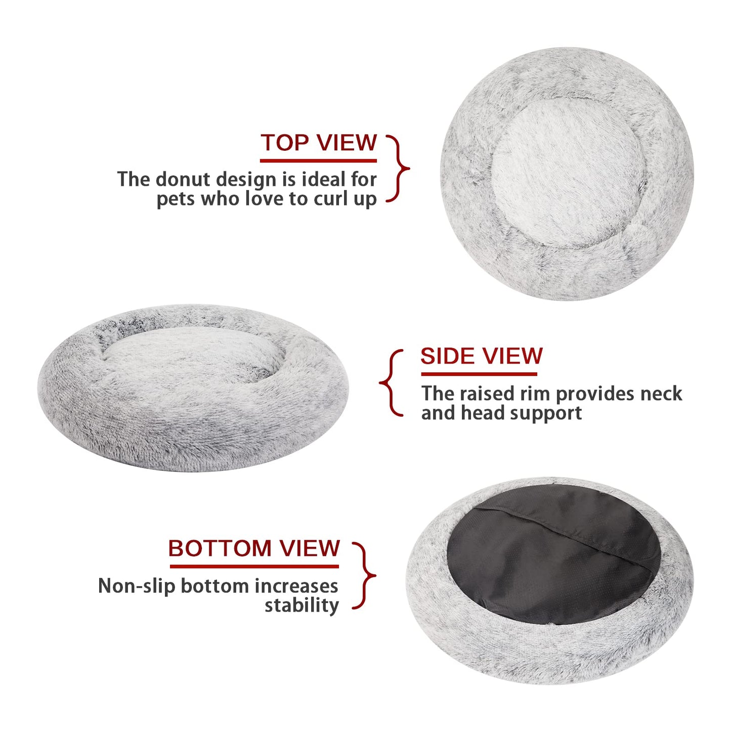 Bedfolks Calming Donut Dog Bed, 36 Inches Round Fluffy for Large Dogs, Anti-Anxiety Plush, Machine Washable (Dark Grey, Large)
