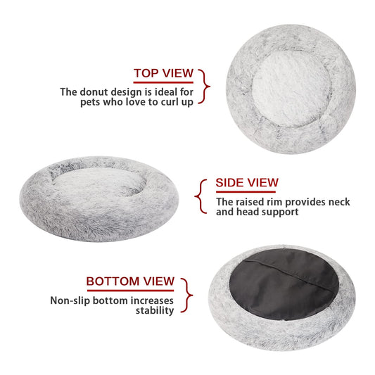 Bedfolks Calming Donut Dog Bed, 36 Inches Round Fluffy for Large Dogs, Anti-Anxiety Plush, Machine Washable (Dark Grey, Large)