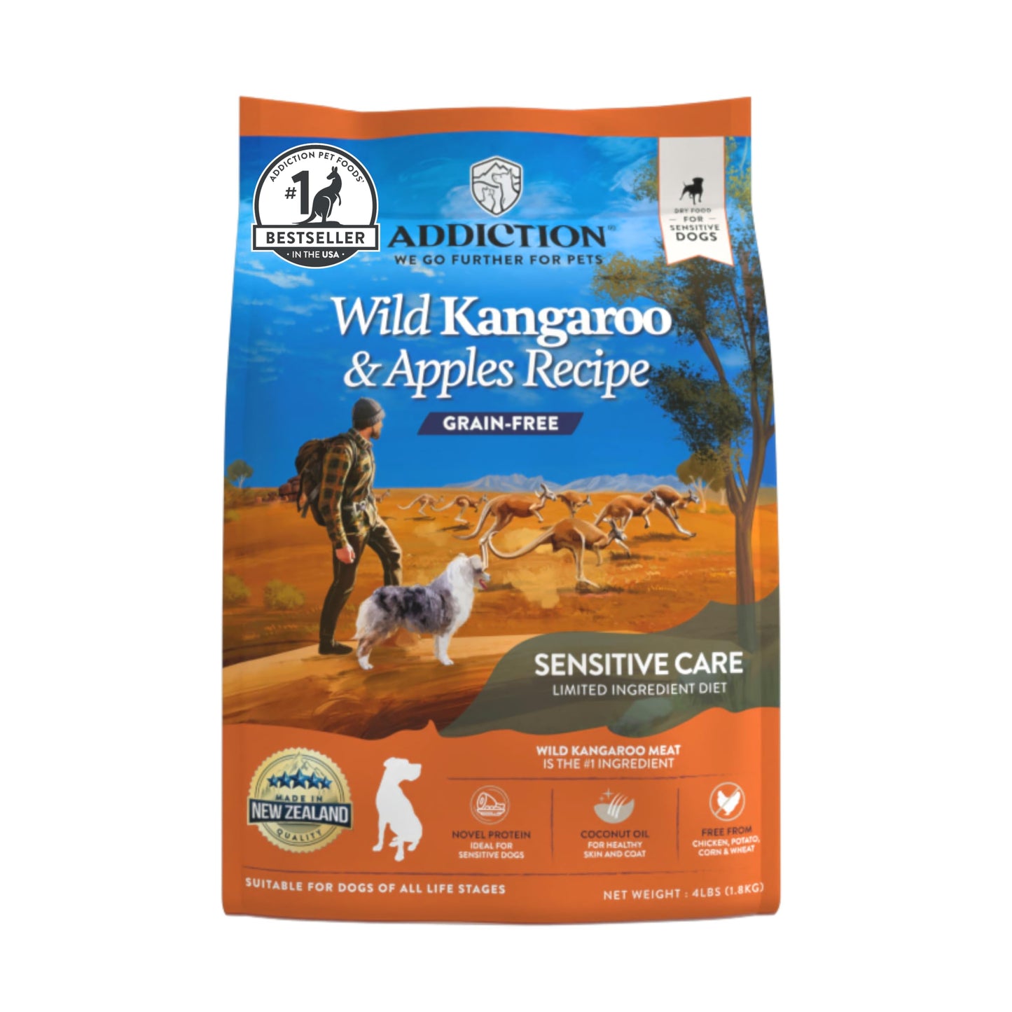 Addiction Wild Kangaroo & Apples Dry Dog Food - Limited Ingredient, Novel Protein for Dogs with Allergies, Grain-Free - Support Muscle Development & Manage Weight - Made in New Zealand 4lb