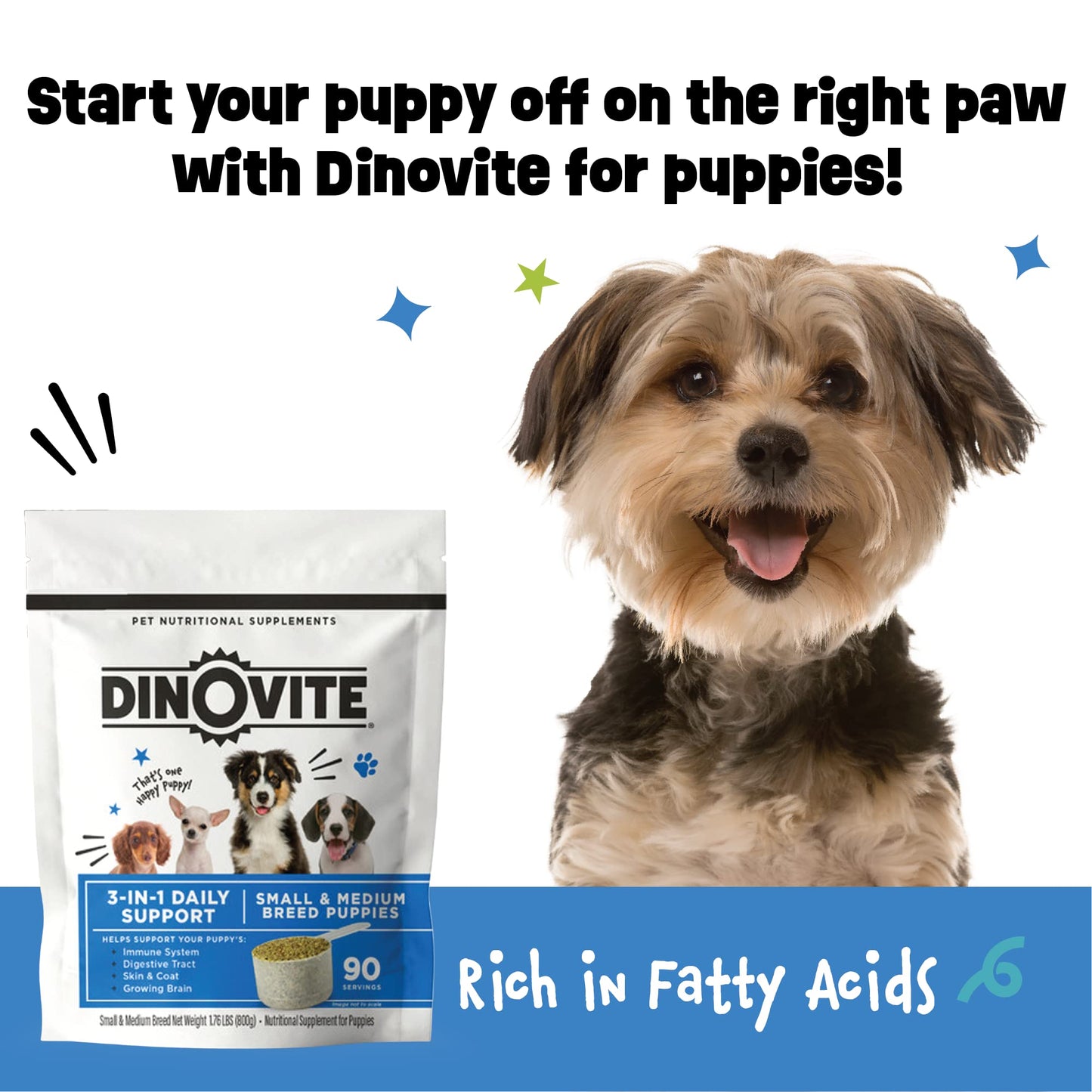 Dinovite 3 in 1 Probiotic for Puppies, Skin & Coat, Digestive Health & Joint Relief, Dog Food Toppers, Salmon Oil, Glucosamine, Allergy Relief & Itch Relief Skin Care, 90 Servings (Puppy)