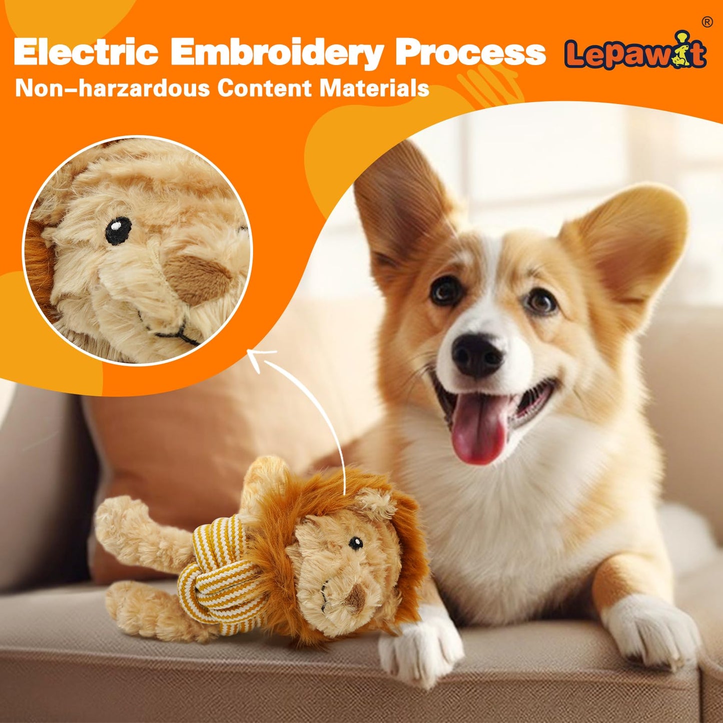 Lepawit Squeaky Dog Toys, Cute Lionet with Rope for Teething, Durable Dog Chew Toys for Small and Medium Dogs