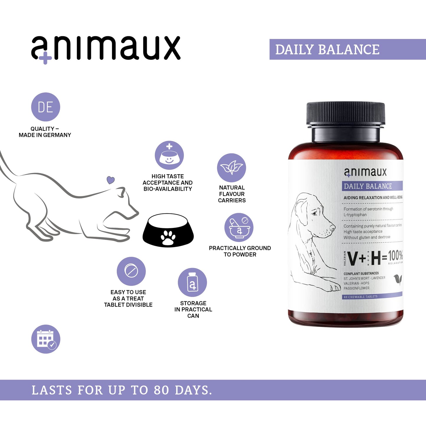 animaux Daily Balance – 40 Chewable Tablets for Dogs with Valerian, St. John's Wort & Lavender | Herbal Supplement for Dogs