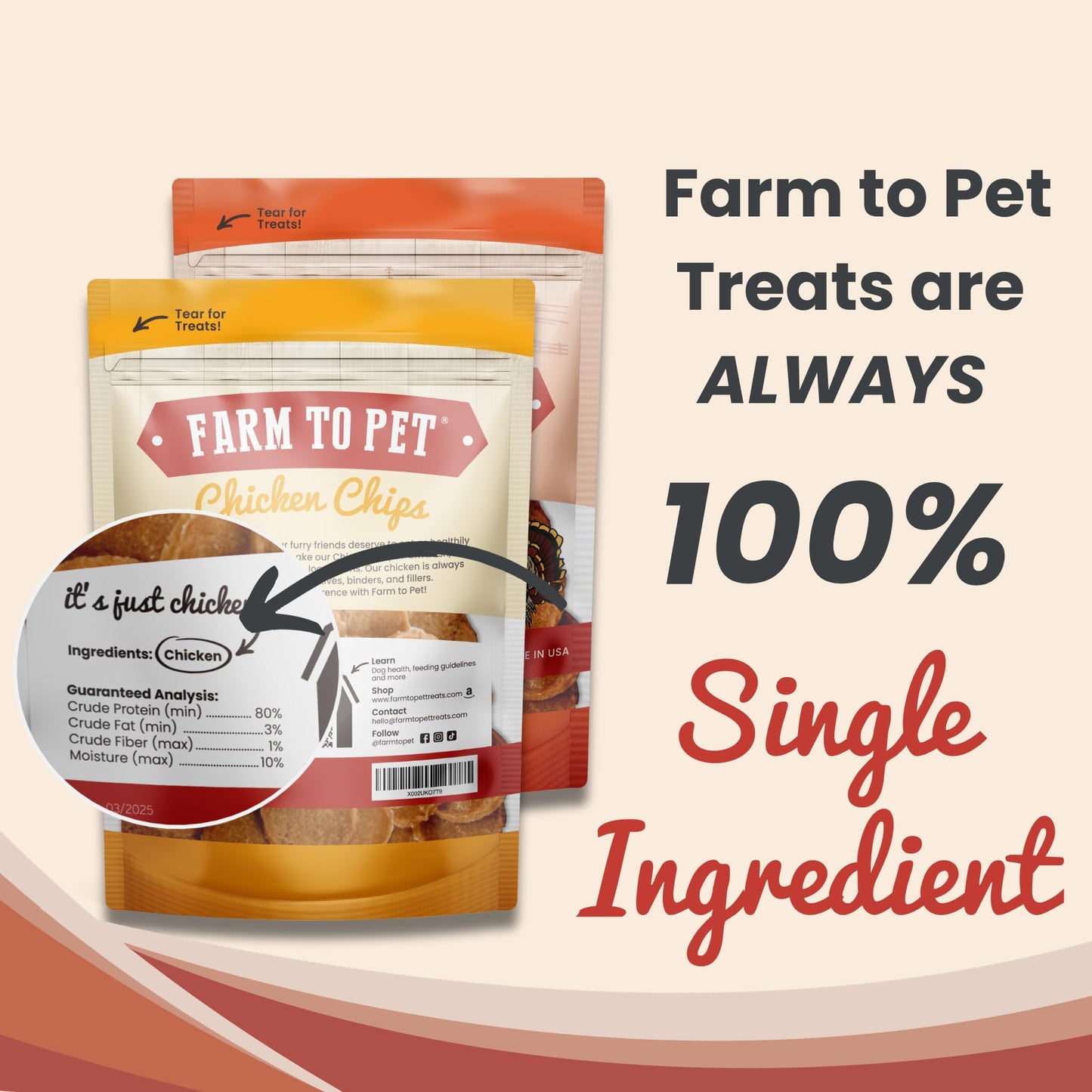 Farm To Pet - Dog Training Treats Chicken & Turkey Chip Protein Pack, 100% All Natural, Single Ingredient Training Treats, Made in USA, for Small, Medium, and Large Dogs