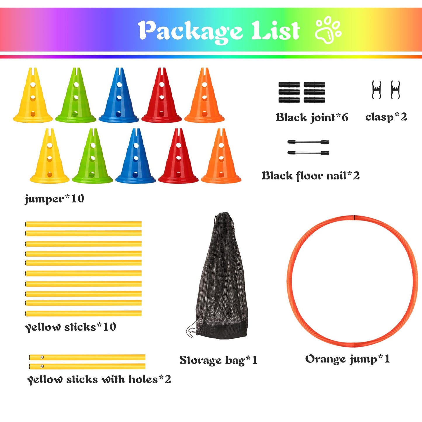 DiDiBirDi 6 Sets Dog Agility Hurdle Cone Set, Adjustable Obstacle Training for Puppy, Pet Crossbar Combo for Beginners for Backyard, 5 Sets x Pole Obstacles,1 Set x Hoop Jump