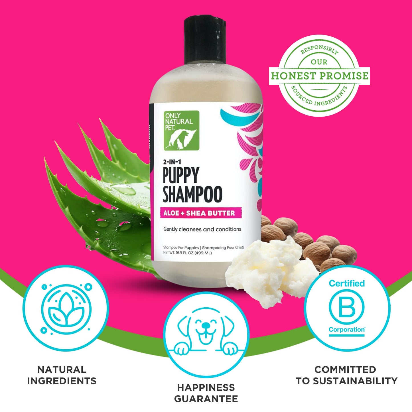 Only Natural Pet 2-in-1 Puppy Shampoo with Aloe & Shea Butter - Hydrating Dog Shampoo for Puppies with Sensitive Skin & Coat, Moisturizing Plant-Based Formula, No Fragrance - 16.9 oz