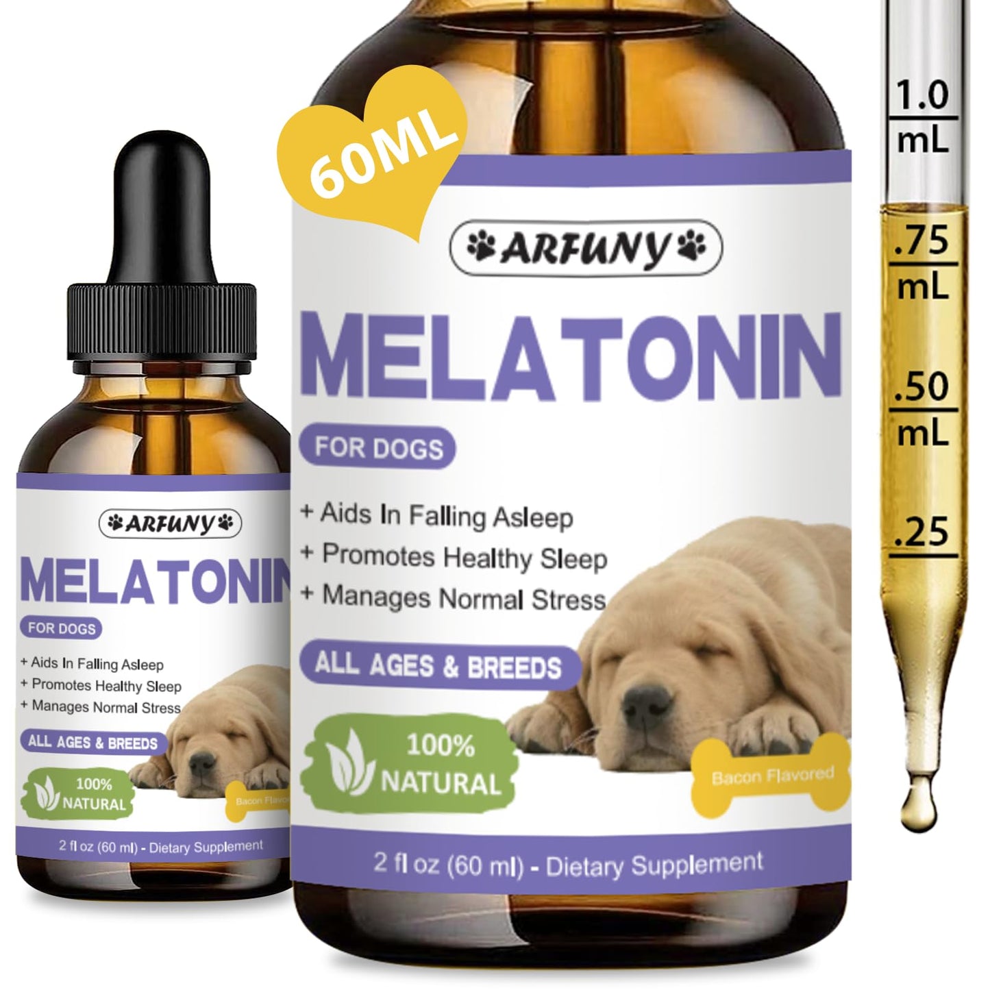 Melatonin for Dogs - Natural Calming Drops for Anxiety & Stress - with Valerian Root, Ashwagandha, L-Theanine - Liquid Melatonin for Dogs Helps with Sleep, Thunder, Fireworks - Bacon Flavor