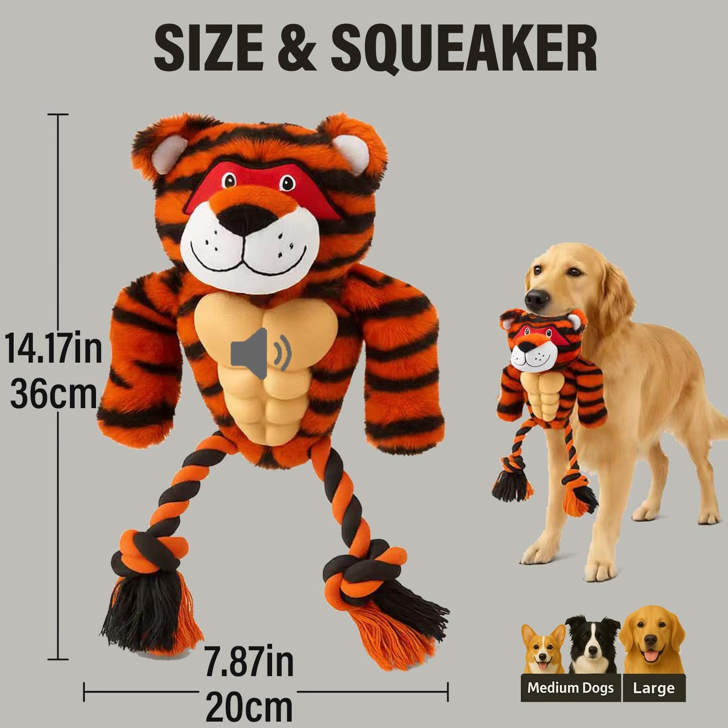 Calibonbon Durable Rope & Plush Dog Toy for Aggressive Chewers – Muscle Tiger Squeaky Tug Toy for Medium & Large Dogs, Interactive Chew & Play