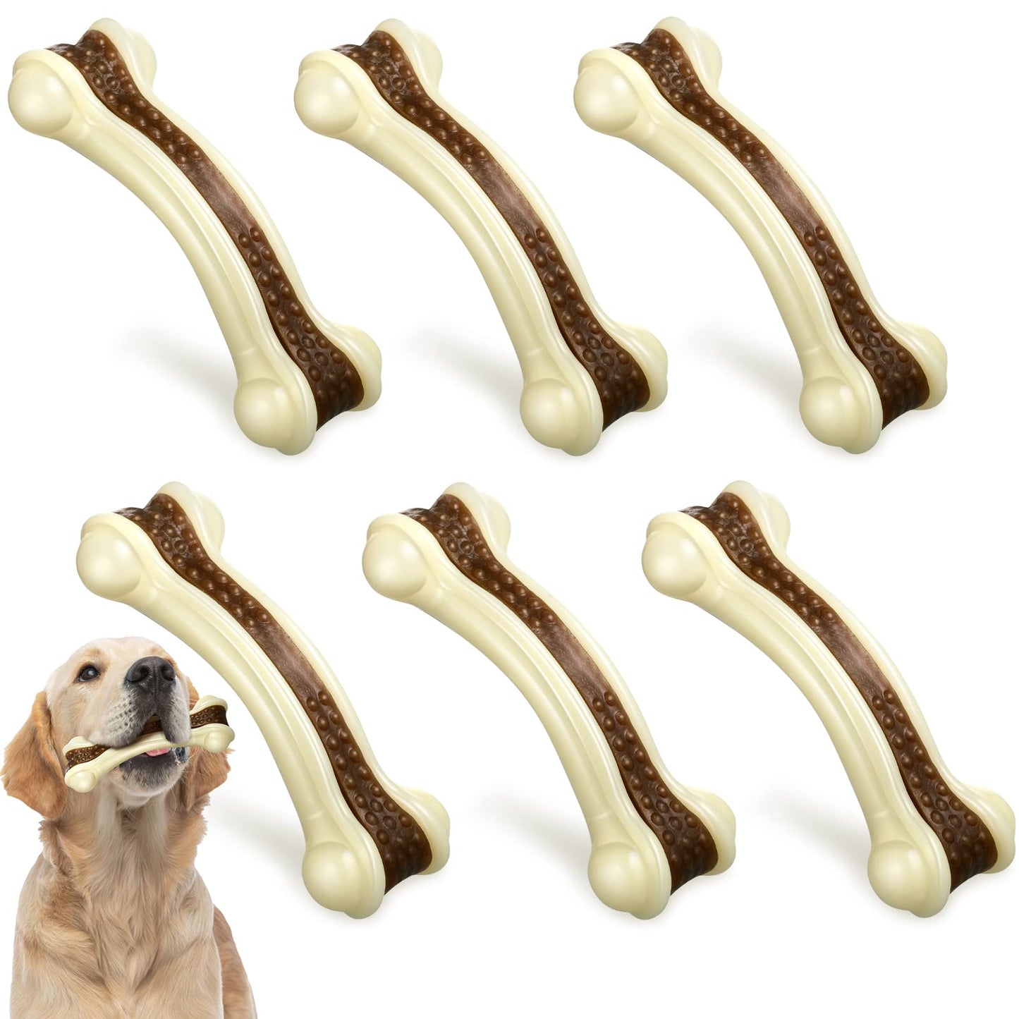 Sosation 6 Pcs Dog Toys for Aggressive Chewers Nylon Beef Flavor Bones Tough Puppy Teething Toys Puppy Chew Bones for Large Medium Small Breed Dogs Puppies Pets Chew Toys(Medium)