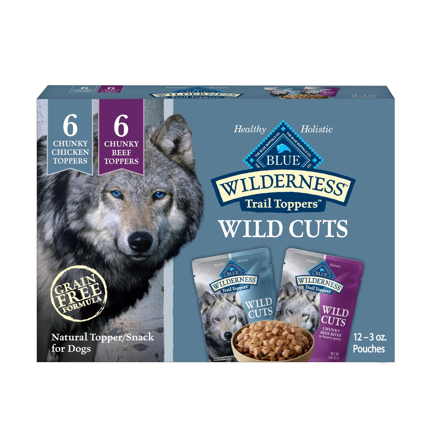 Blue Buffalo Wilderness Trail Toppers Wild Cuts Wet Dog Food Variety Pack, High-Protein & Grain-Free, Made with Natural Ingredients, Chicken and Beef Flavors, 3-oz Pouches, (12 Count, 6 of Each)