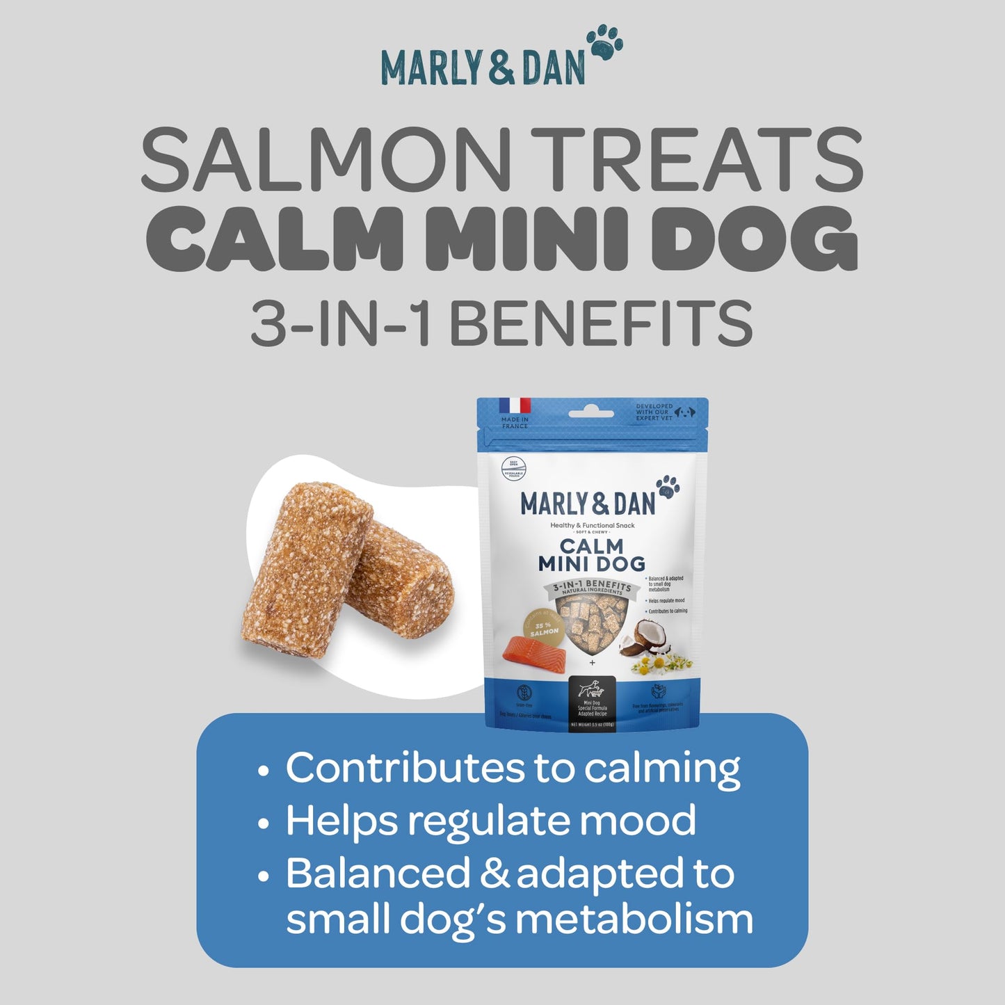 Marly & Dan Small Breed Calming Dog Treats for Small Dogs, Functional Mini Dog Treats Made in France with Salmon, Chamomile, and Sweet Potato for Anxiety, Stress, & Relaxation, 3.5 oz Bag