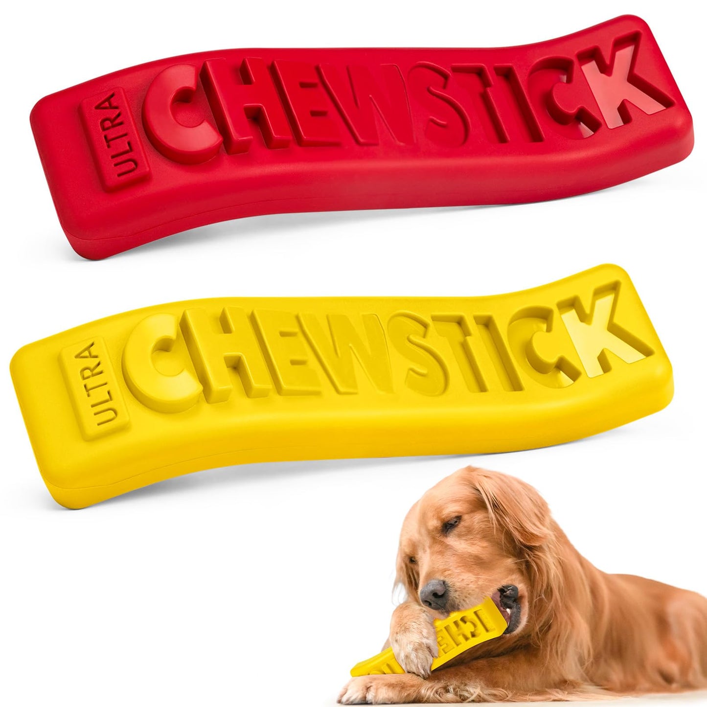 Dog Chew Stick Toy,Interactive Treat Dispensing Puppy Toys,Durable Safe Rubber Teeth Clean Dog Puzzle Slow Feeder for Aggressive Chewers Large Medium Breeds (Yellow+Red)