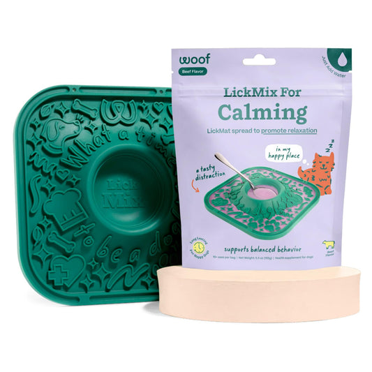 Woof Lick Mat and Calming LickMix Starter Pack Bundle - Dog Enrichment and Spread - Slow Feeder Mat with Non-Slip Design - Delicious, Lower Calorie Mix -Green