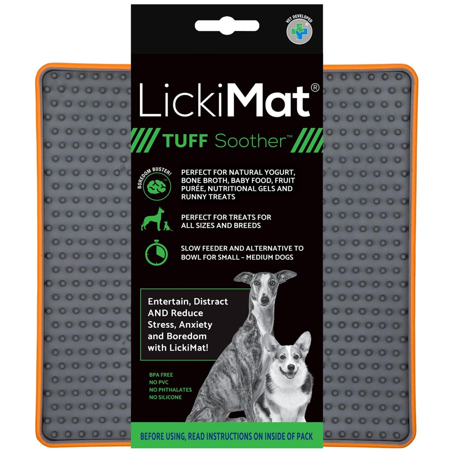 LickiMat Tuff, Heavy-Duty Soother, Dog Slow Feeder Lick Mat, Boredom Anxiety Reducer; Perfect for Food, Treats, Yogurt, or Peanut Butter, Fun Alternative to a Slow Feed Dog Bowl, Orange