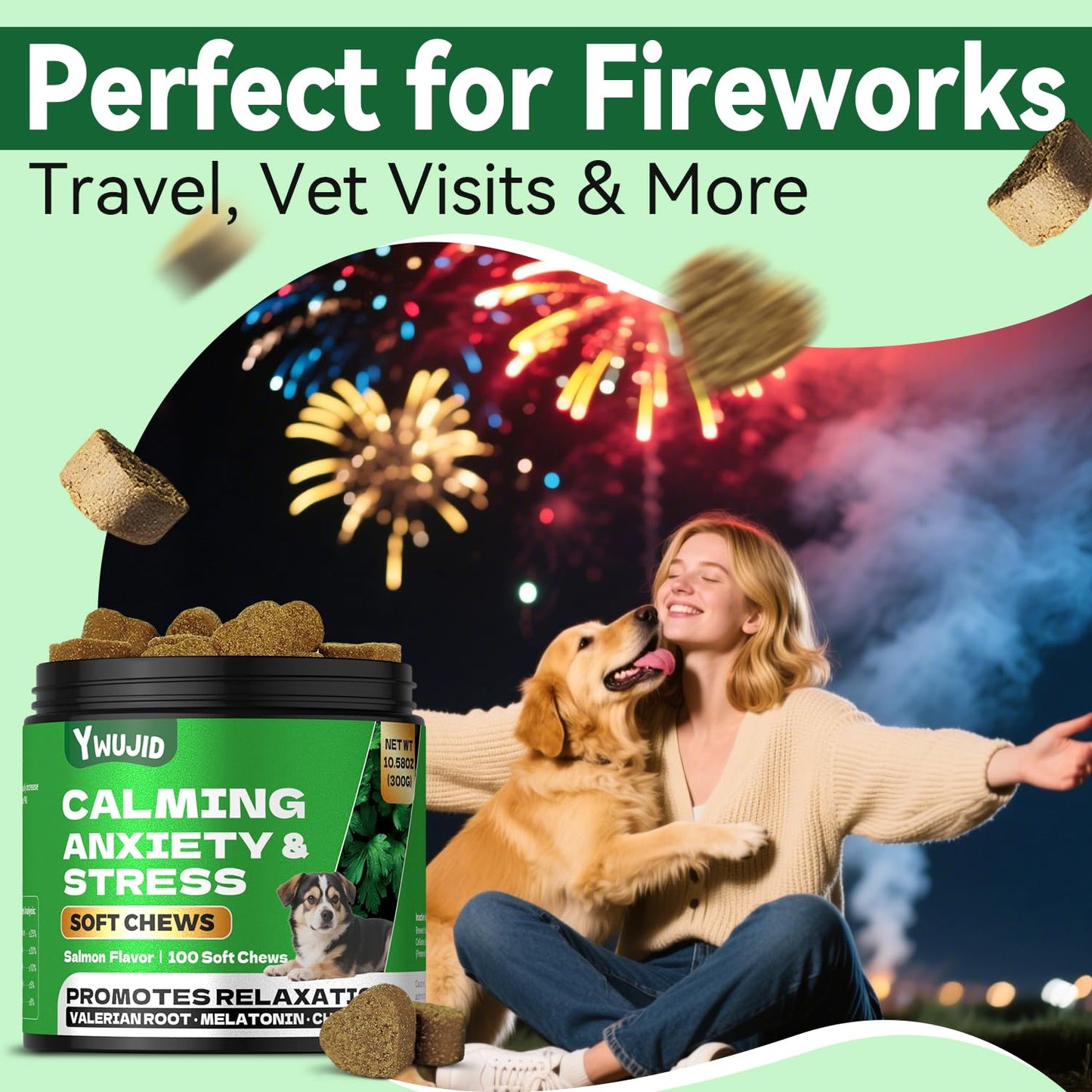 YWUJID Calming Chews for Dogs - Natural Soothing Treats for Anxiety, Stress, Travel, Thunder & Fireworks - Tasty Soft Chews for All Breeds & Sizes - 100 Count