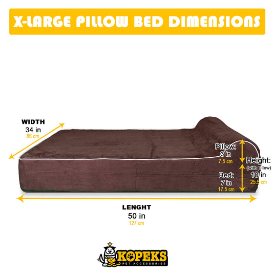 KOPEKS Orthopedic Memory Foam Dog Bed 7" Inch Thick Extra Large Dog Bed With Pillow Brown 50"x34"x10" Includes Waterproof Liner & Durable Removable Cover With Smart Design