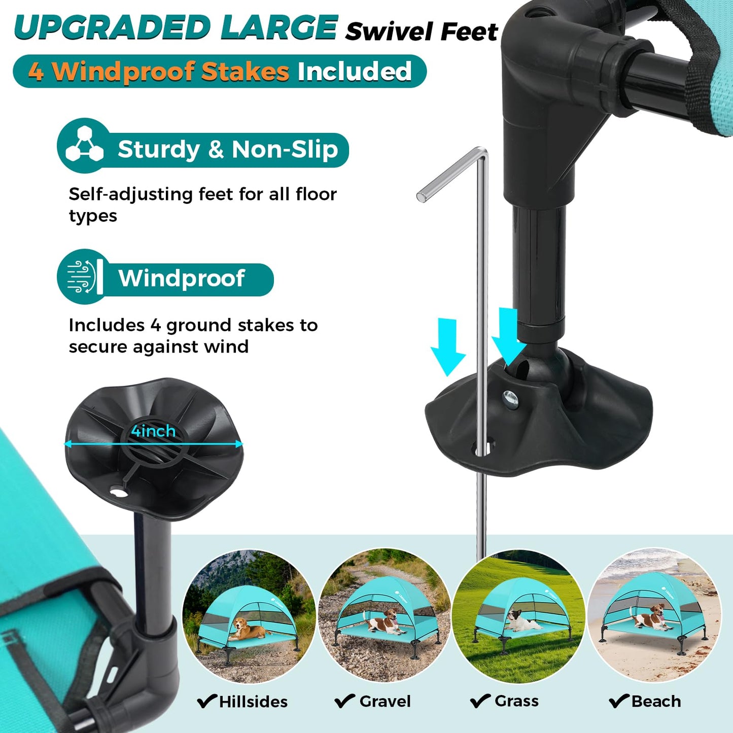 Libbipaw Windproof Elevated Dog Bed with Canopy & Stakes, 3-Sided 90% UV Block, Chew-Proof Teslin Mesh Mat for Large Dogs up to 150lbs(Blue Large)