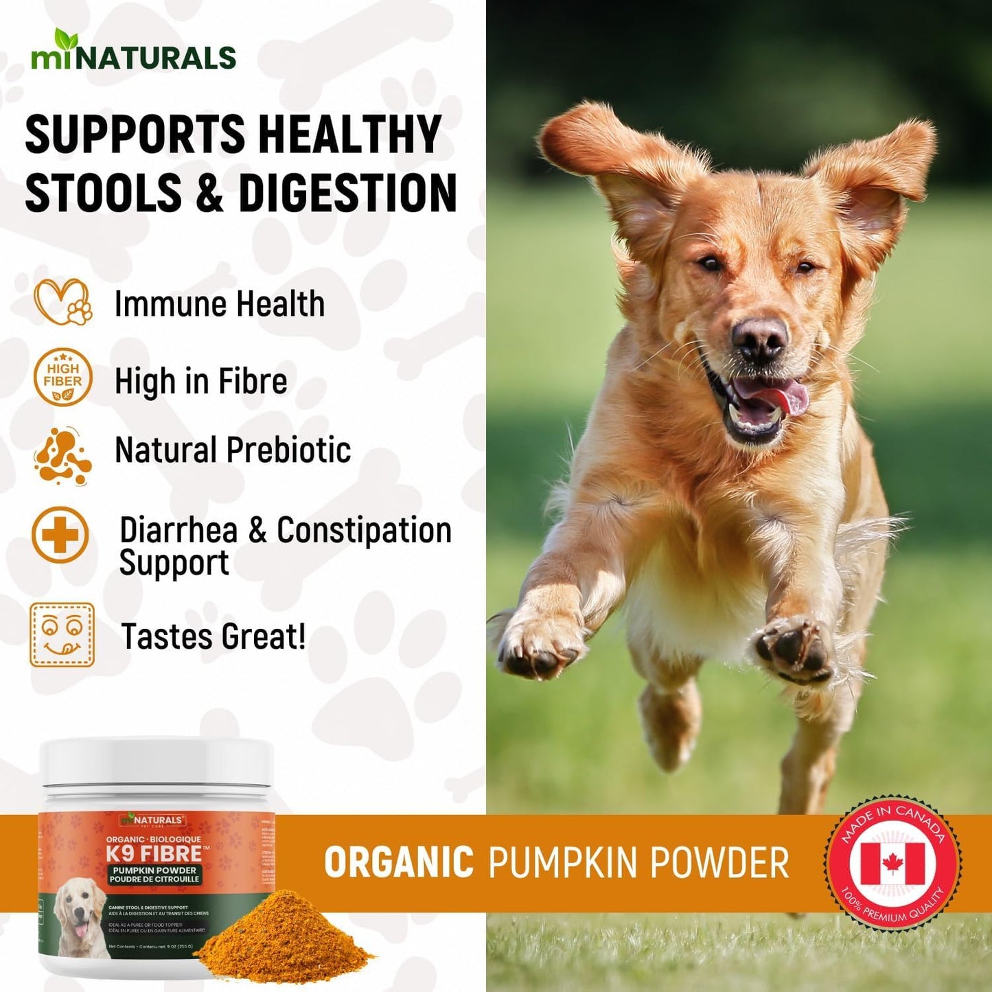 Pumpkin Powder for Dogs Organic 9 oz (255g) Premium Fibre - Canine Stool & Digestive Support - No Diarrhea or Scoots! by miNATURALS