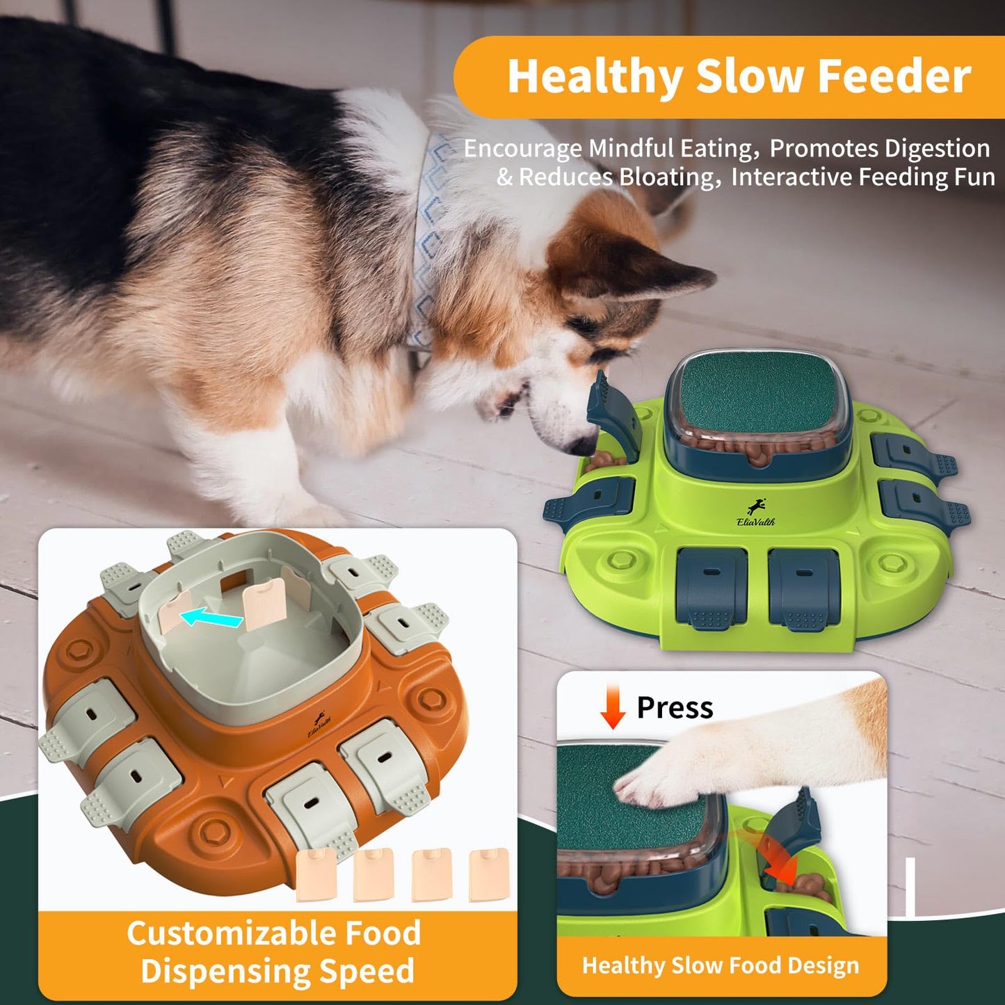 EliaValth Dog Puzzle, 3-in-1 Dog Toy: Interactive Dog Toys, Puzzle, Slow Feeder Dog Bowls & Nail File Orange