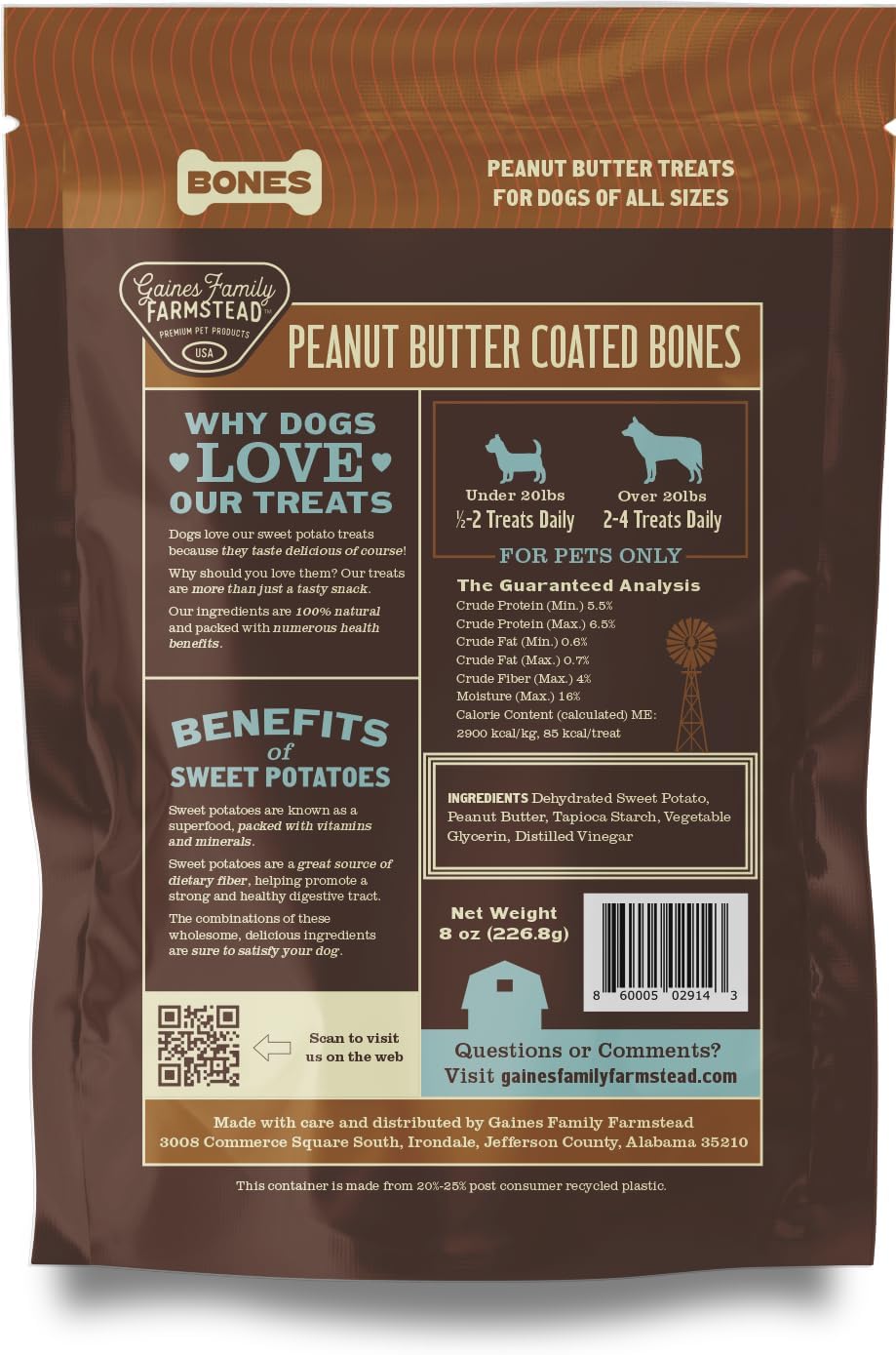 Gaines Family Farmstead Peanut Butter Coated Sweet Potato Dog Bones – 40 oz Bag, Grain-Free, Chewy, Natural Dog Treats for Digestion, Skin, Energy & Immunity – Limited Ingredient, Made in USA