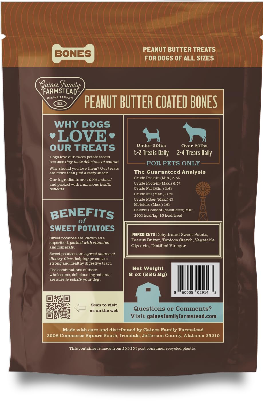 Gaines Family Farmstead Peanut Butter Coated Sweet Potato Dog Bones – 40 oz Bag, Grain-Free, Chewy, Natural Dog Treats for Digestion, Skin, Energy & Immunity – Limited Ingredient, Made in USA