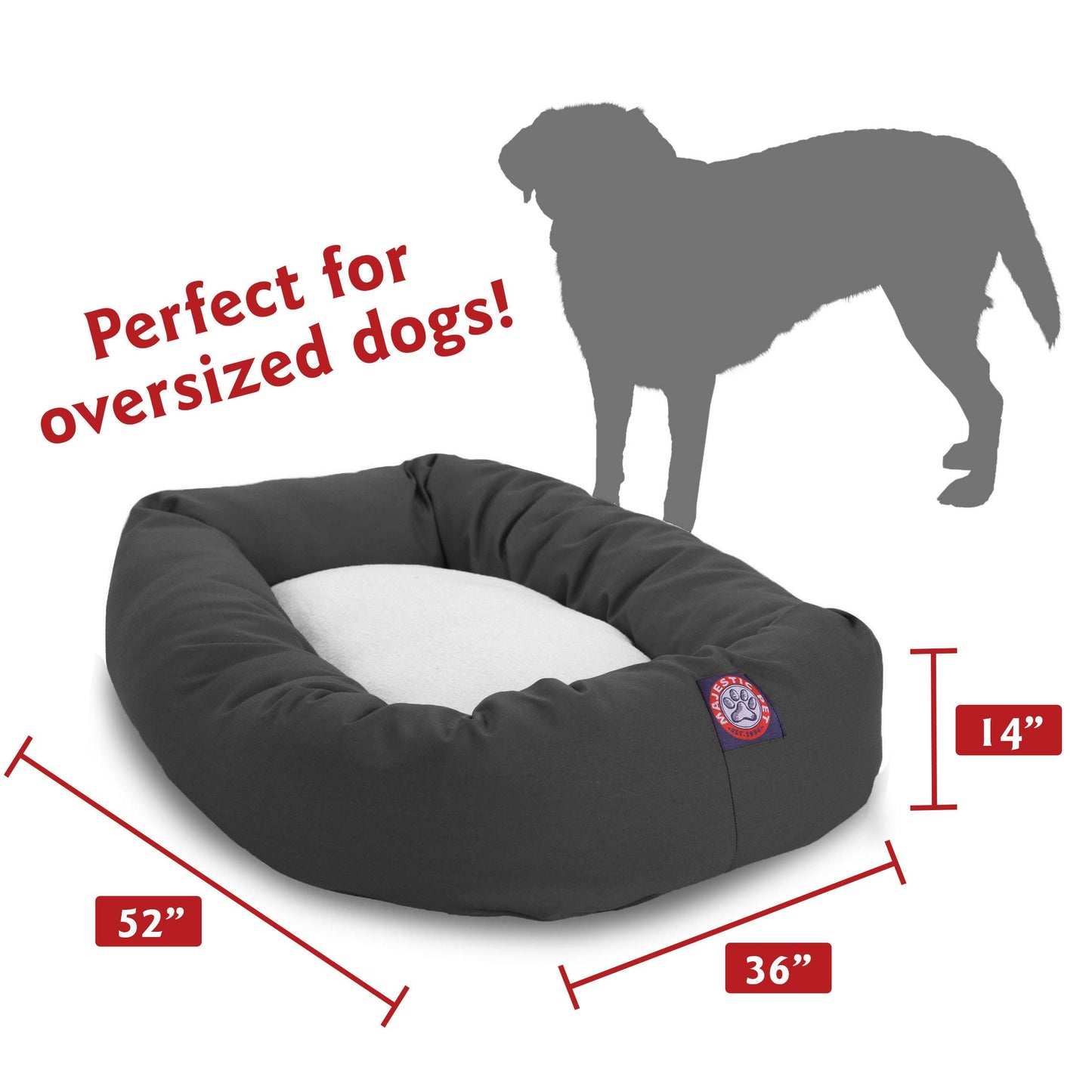 Majestic Pet 52 Inch Poly-Cotton Sherpa Calming Dog Bed Washable – Cozy Soft Round Dog Bed with Spine for Head Support - Fluffy Donut Dog Bed 52x35x11 (inch) – Round Pet Bed X- Large - Gray