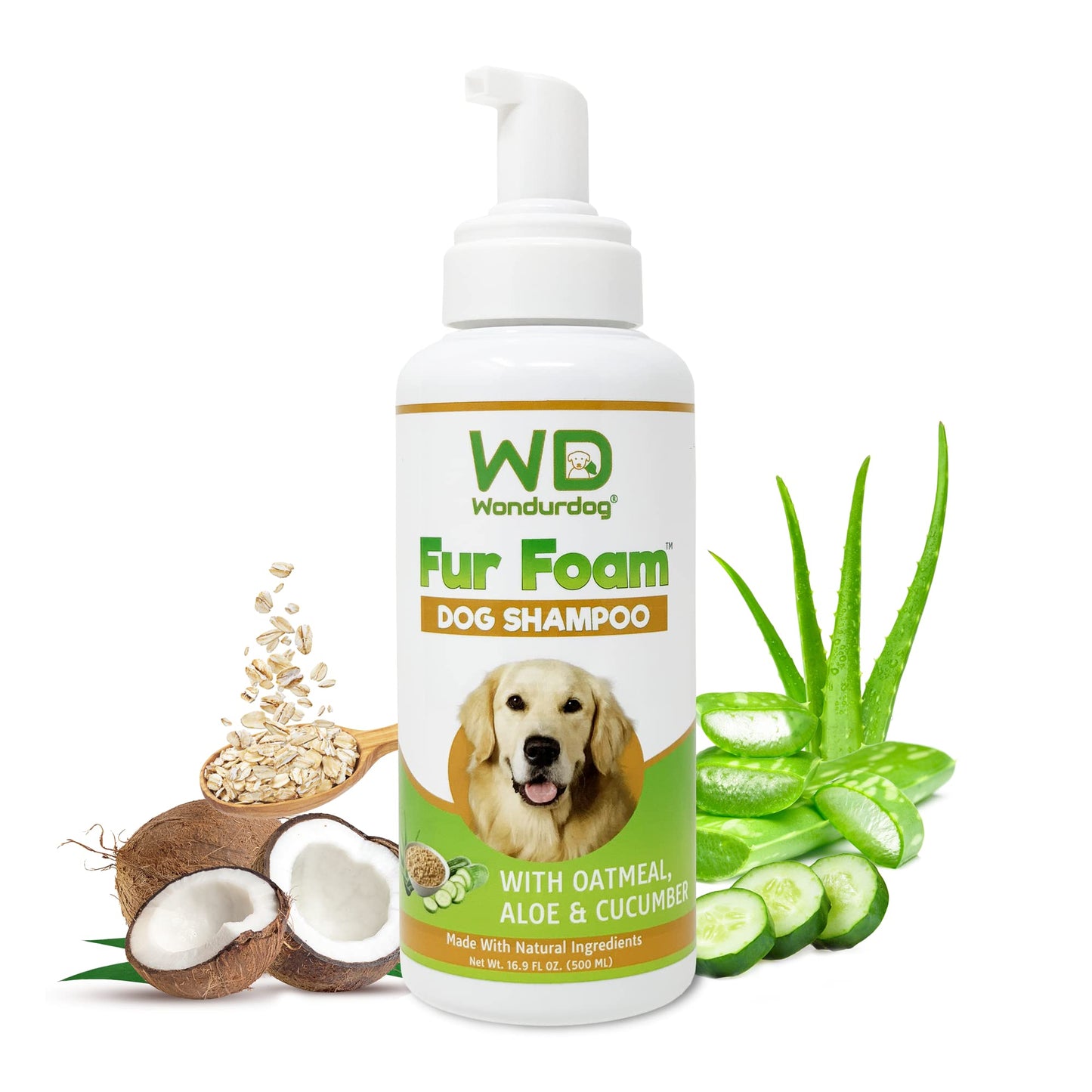 Wondurdog Fur Foam Dog Shampoo with Oatmeal, Coconut and Aloe. Hypoallergenic, Softens Coat, Moisturizes Dry Skin, Restores Shiny, Lathers from Bottle. (16.9oz)