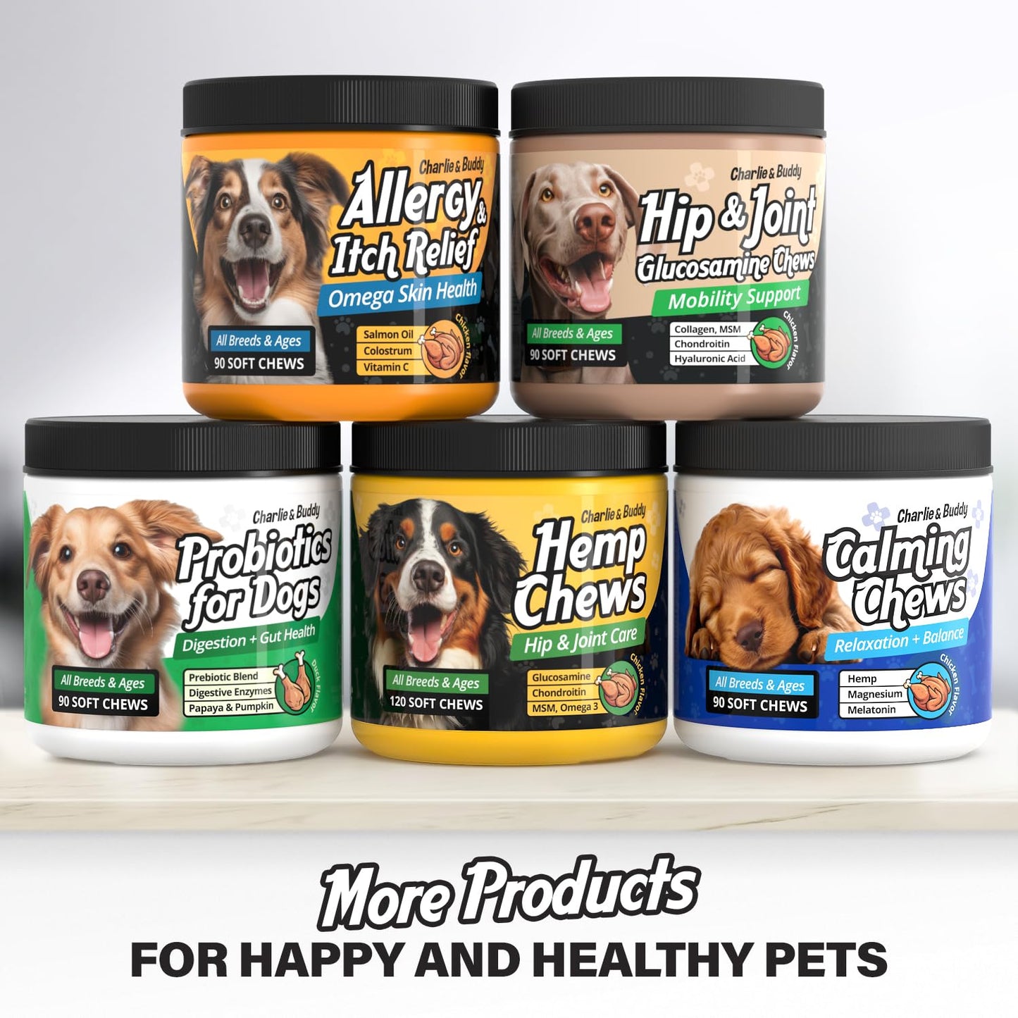 Charlie & Buddy Calming Chews for Dogs, Dog Anxiety Relief, Promote Relaxation, Dog Calming Chews with Melatonin for Dogs, Chamomile, Magnesium Citrate, 90 Soft Chews, Chicken Flavor