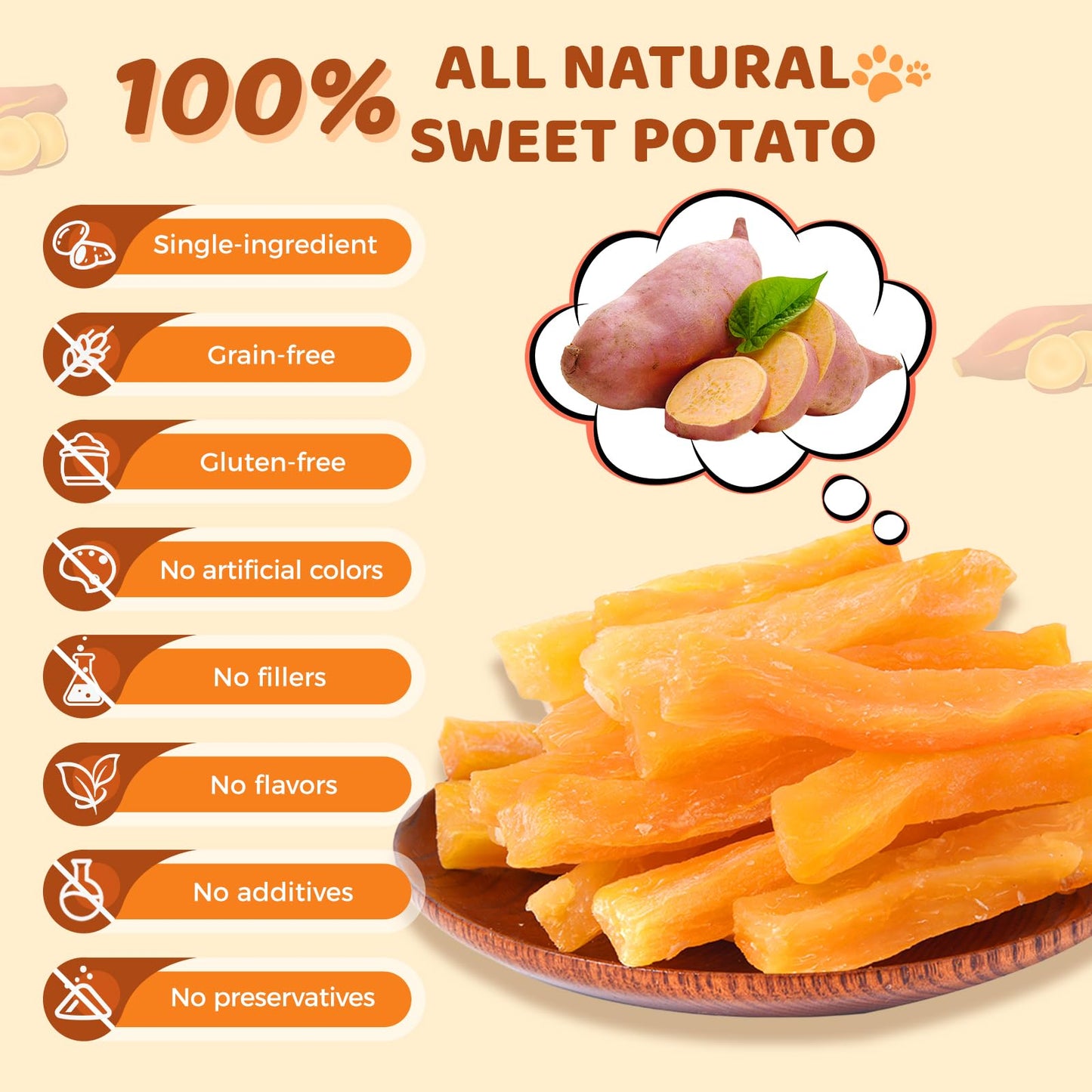 Sweet Potato Dog Treats for Small Medium & Large Dogs, Single Ingredient Healthy Natural Low Fat Dog Chews, Vegan Soft Puppy Training Snacks, Grain Free Rawhide Free Gluten Free, 10.58oz