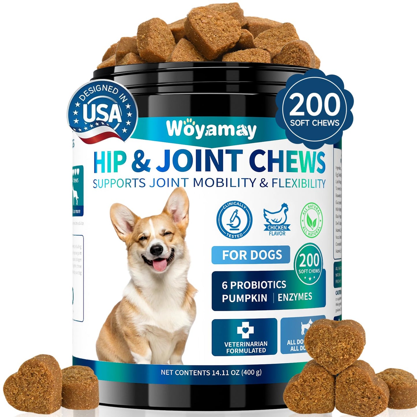Hip and Joint Supplement for Dogs, Glucosamine for Dog Joint Supplement, 200 Soft Chews with Glucosamine, Chondroitin and MSM Dog Hip and Joint Supplement for All Ages and Breeds, Chicken Flavor