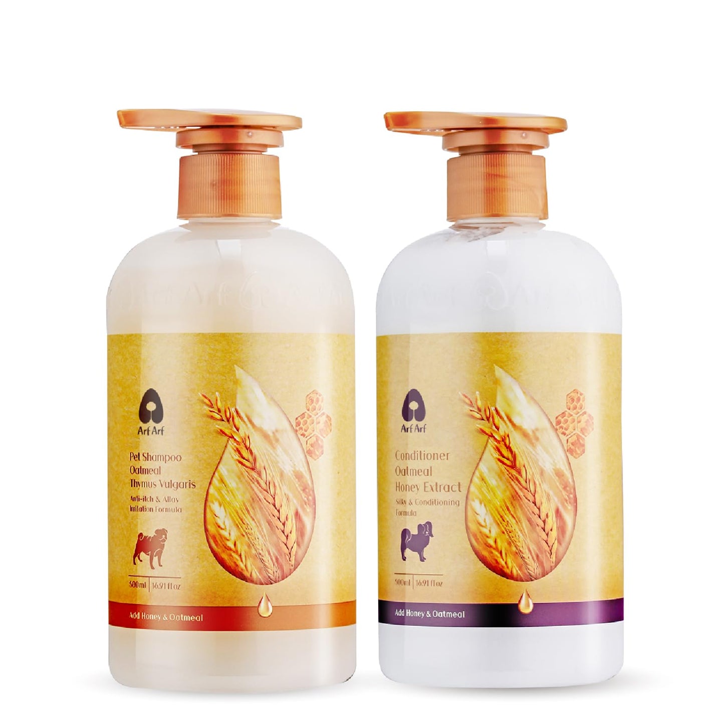 Arf Arf Oatmeal Dog Shampoo & Conditioner Bundle – Anti-Itch, Allergy Relief & Moisturizing Honey Formula | Ideal for Sensitive Skin, Boosts Coat Shine (2 x 16oz)