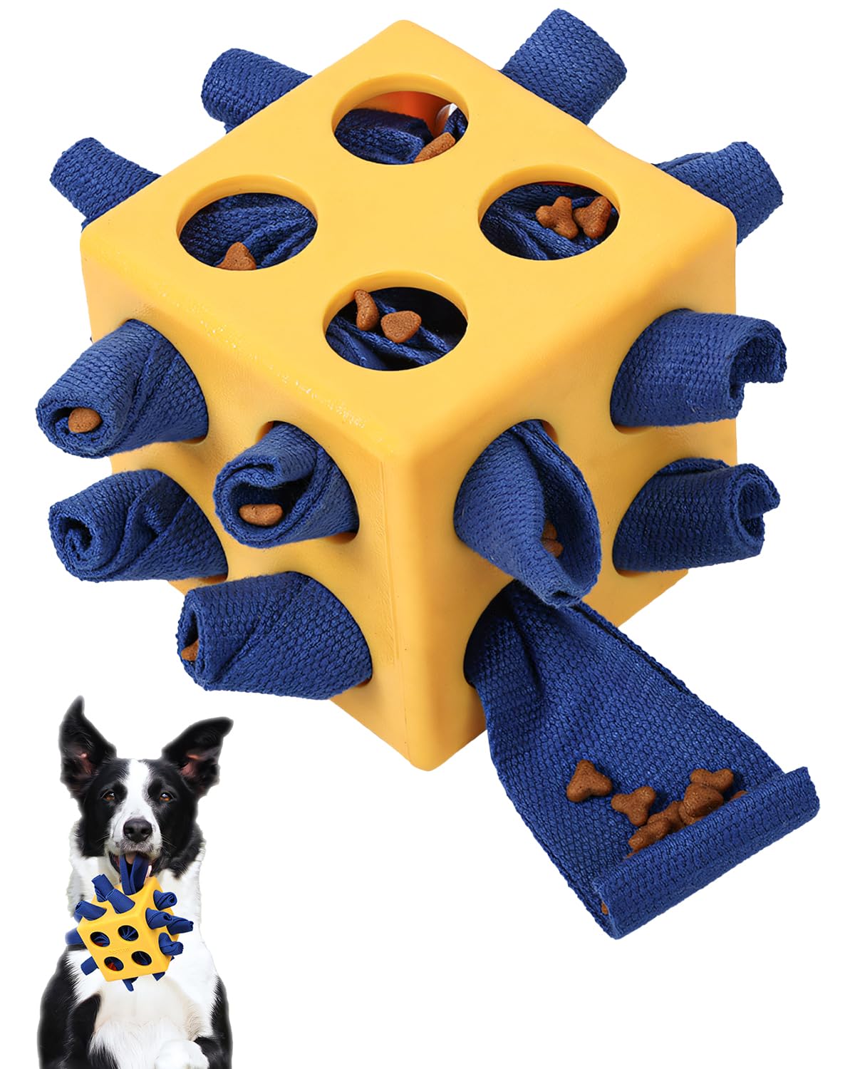 Interactive Puzzle Dog Toy Encourage Natural Foraging Skill, Durable Dog Enrichment Toy Snuffle Cube Cloth Strip with Hide & Seek Food, Slow Feeder for Mind Stimulate & Stress Relief (Yellow)