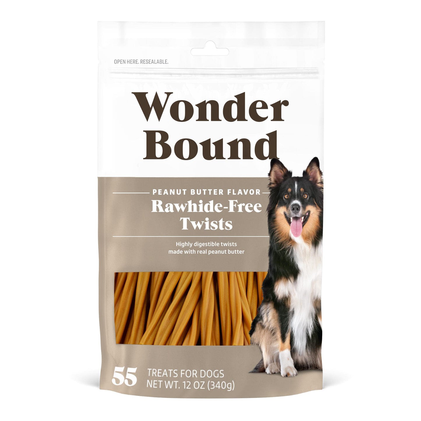 Wonder Bound Peanut Butter Flavor Dog Twist Sticks - 55 Count - Rawhide-Free Dog Treats, Dental Health Chews for Plaque & Tartar Control, Easy to Digest, Long-Lasting