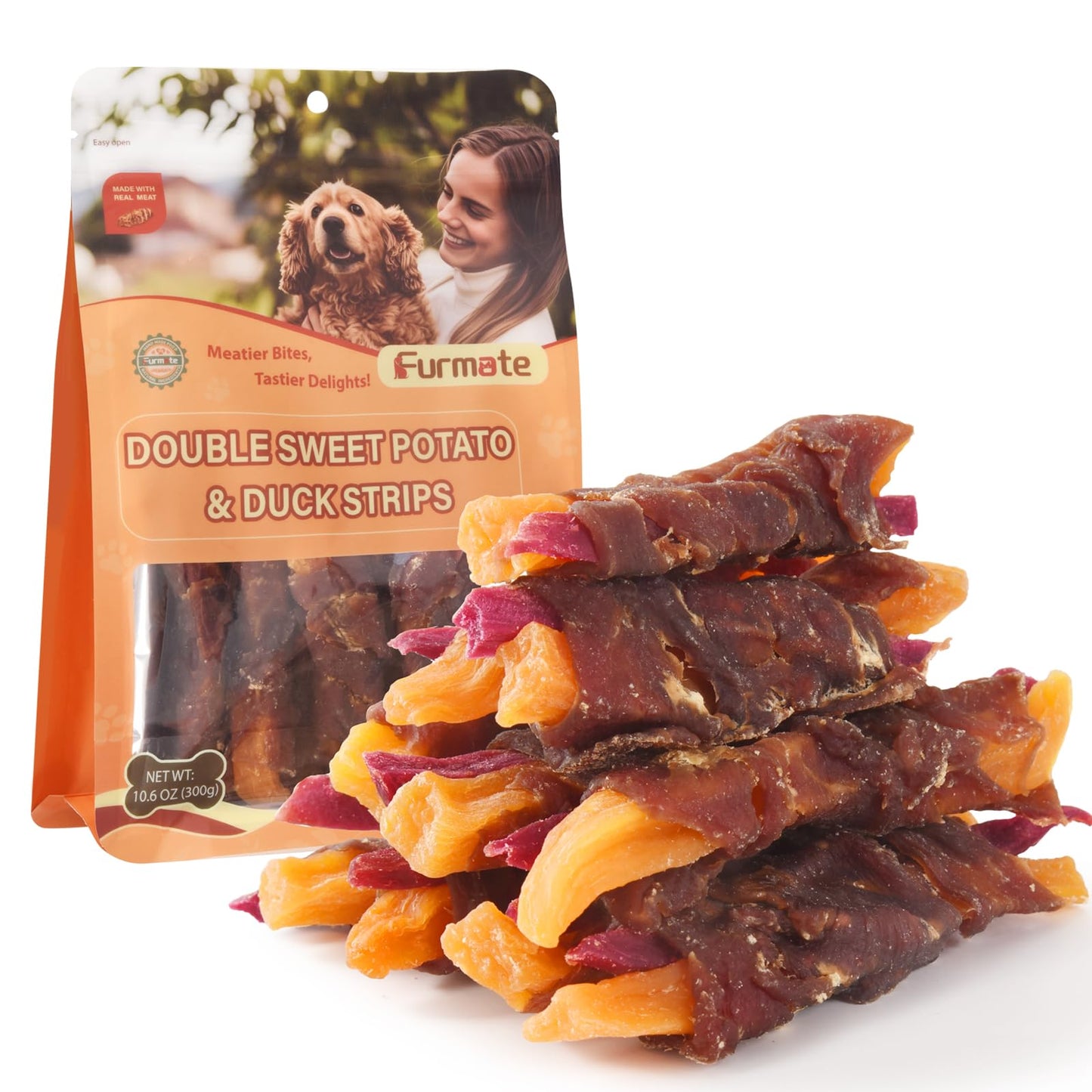Furmate Dog Jerky Treats Duck Wrapped Orange Purple Sweet Potato, Healthy Dog Snacks High Protein Low Fat, Soft Chews Eliminates Tears, Training Rewards Treats for Small Medium Large Breeds,10.58 oz
