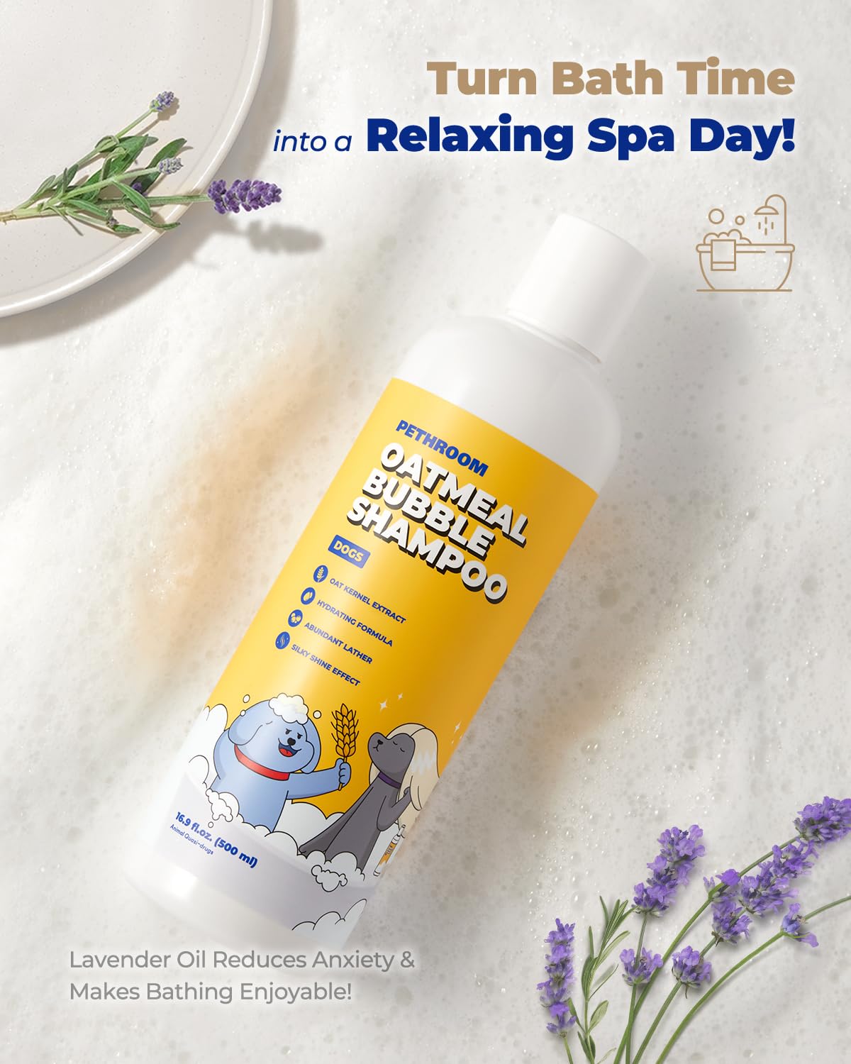 [PETHROOM] Premium Oatmeal Dog Shampoo for Itchy Sensitive Skin Relief – 500ml | Hypoallergenic Dog Shampoo with Oat, Hemp, Lavender & Milk Protein, Dry Skin Treatment, and Allergy Relief (Oatmeal)