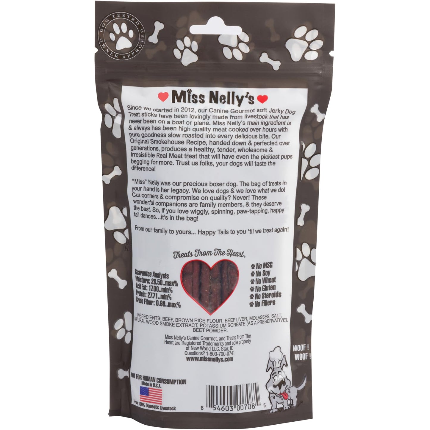 Miss Nelly's -All Natural Beef Jerky Dog Treats - Soft Sticks - USA Made and Sourced - Original Smoke House Recipe - Small Batch Beef Jerky for Dogs - Minimally Processed - 8 oz. Bag