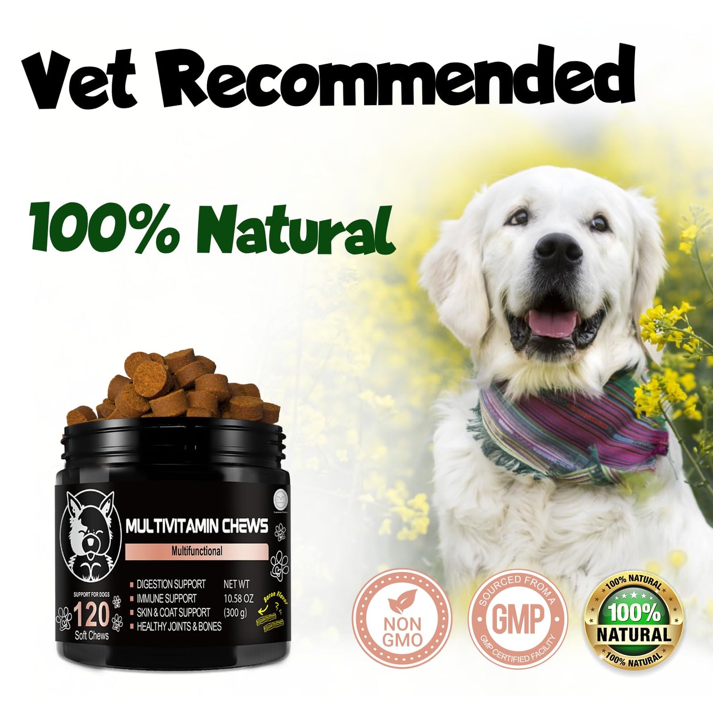 Calming Chews for Dogs V-EST – Available in 3 Formulas: Calming, Multivitamin or Probiotics – Soft Chews Chicken Flavor – Helps Stress & Anxiety – 120 Count