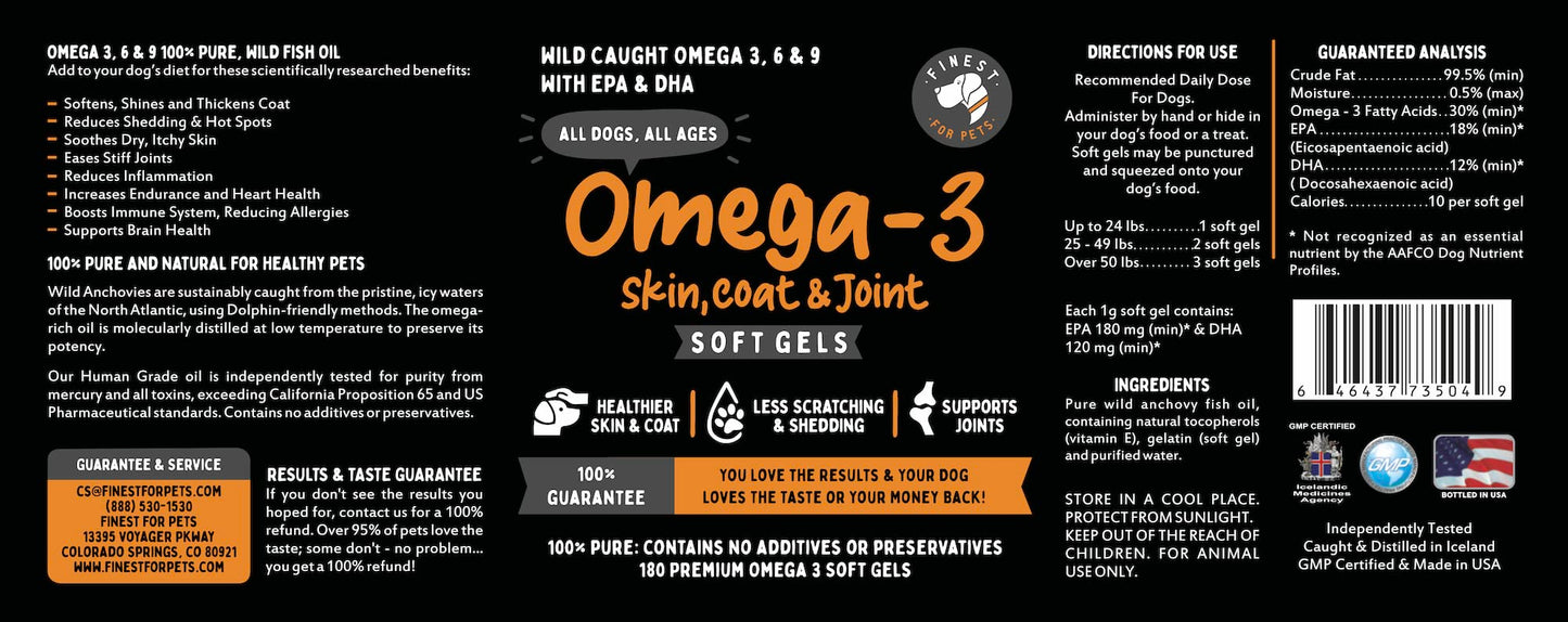 Omega 3 Fish Oil for Dogs - Finest For Pets Soft Gels for Skin & Coat, Itching, Shedding, Joints & Immune Health - 100% Pure Omega Fish Oil with EPA & DHA. Ideal for Medium to Large Dogs (180 ct)