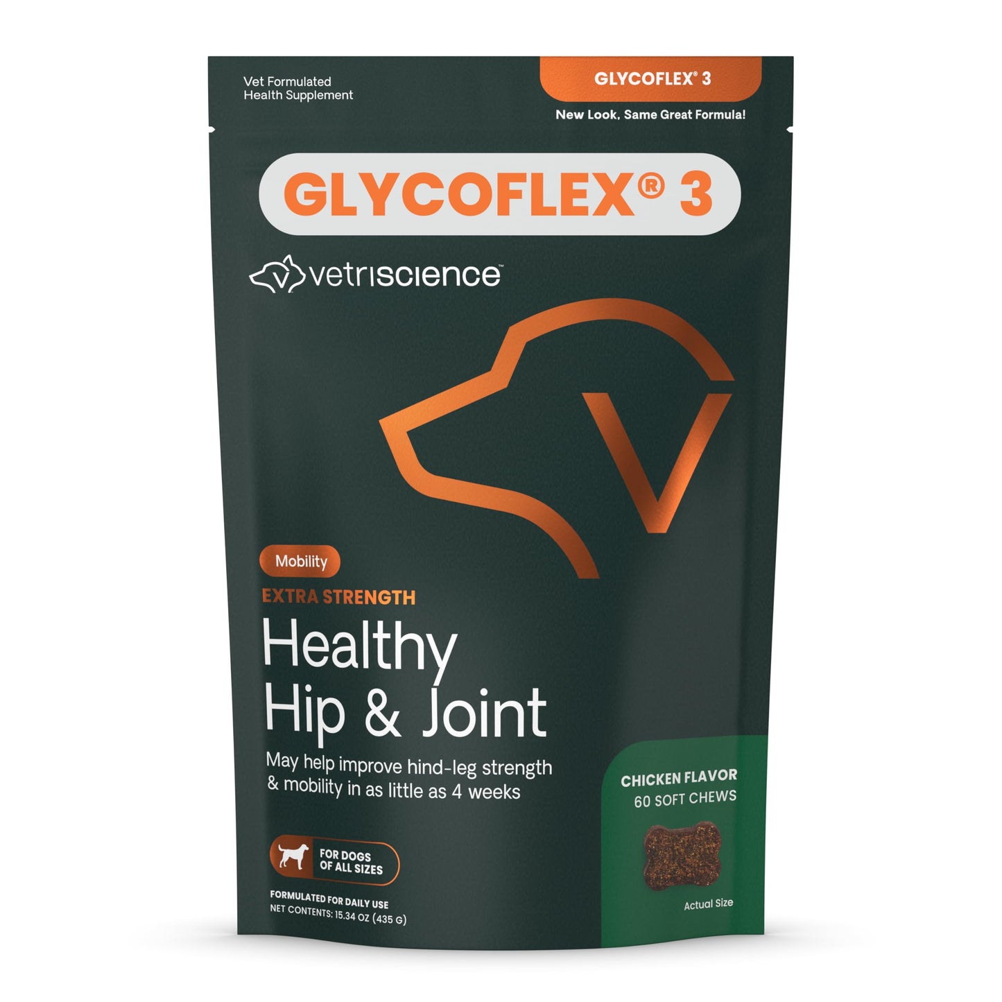 VetriScience Extra Strength Healthy Hip & Joint Chews, GlycoFlex Glucosamine and Green-Lipped Mussel Joint Support Supplement for Dogs, Promote Mobility & Soothe Joint Discomfort, Chicken, 60 Count