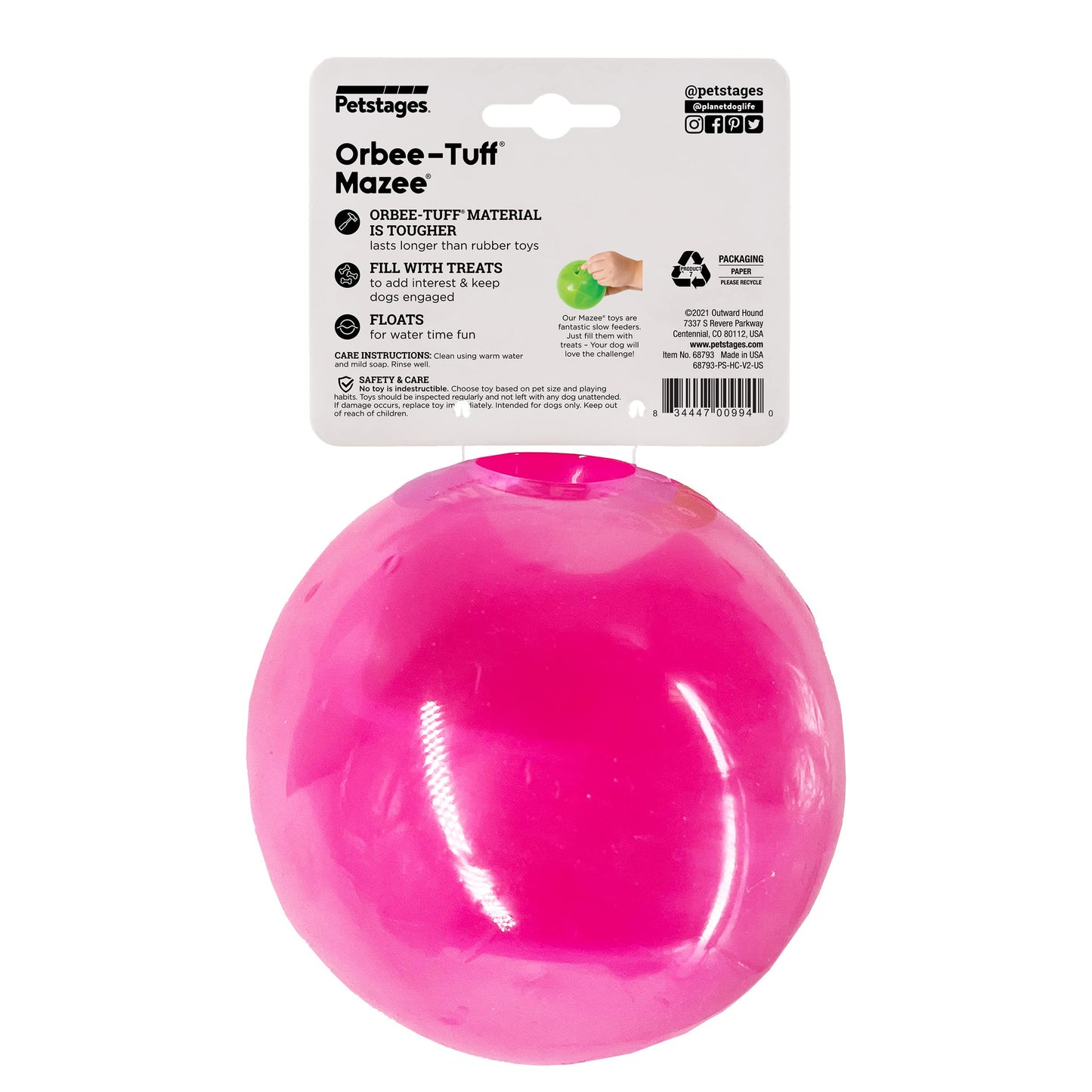 Outward Hound Orbee-Tuff Mazee Interactive Dog Puzzle Toy, Treat Dispensing Slow Feeder Ball, Pink, 4.7-Inch