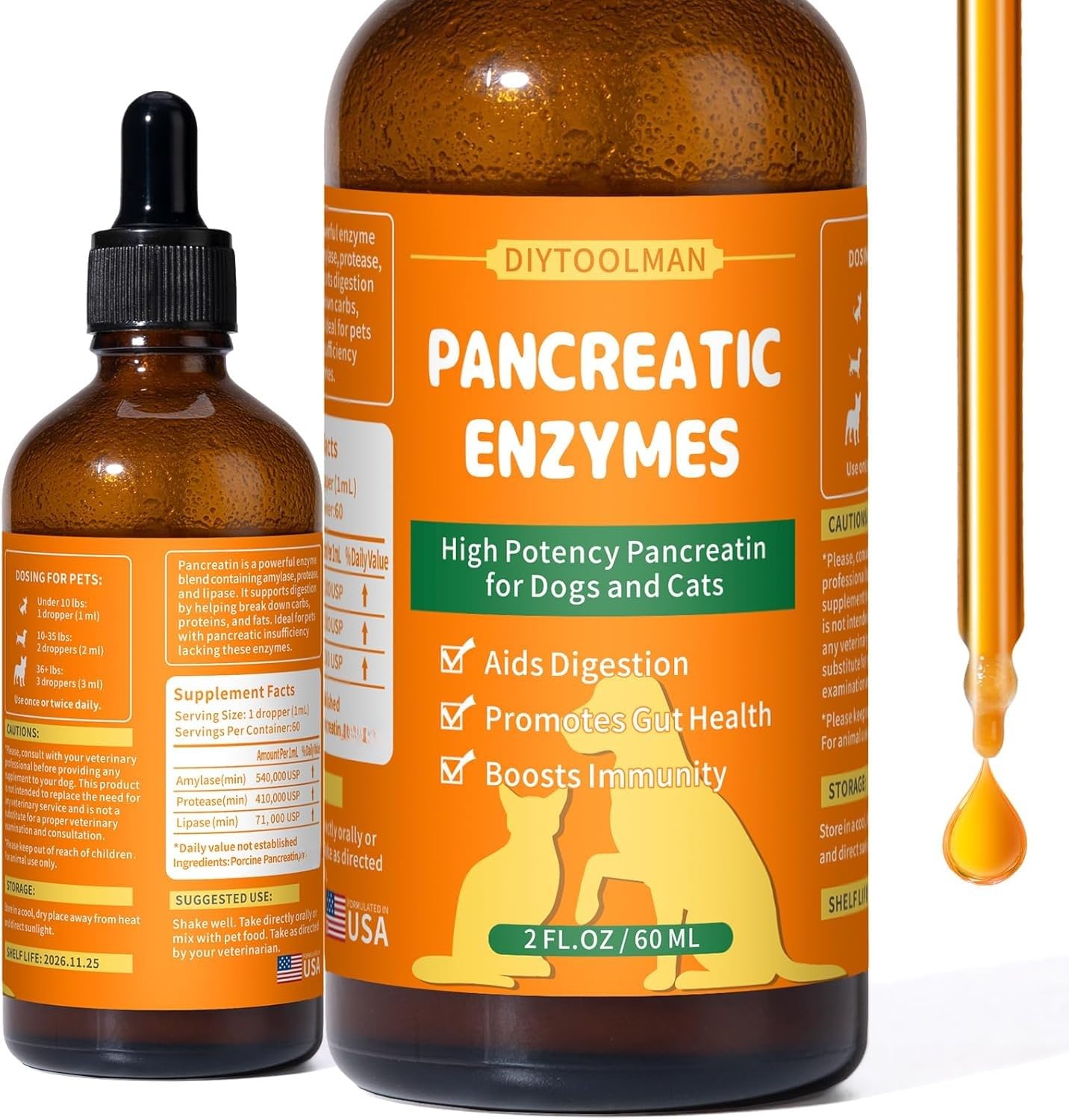 diytoolsman Pancreatic Enzymes for Dogs - Dog Digestive Enzymes & Support - Helps Dogs with EPI Restore Normal Weight, Digestive Health, and Manage Pancreatic Issues - 2 fl oz (Liquid)