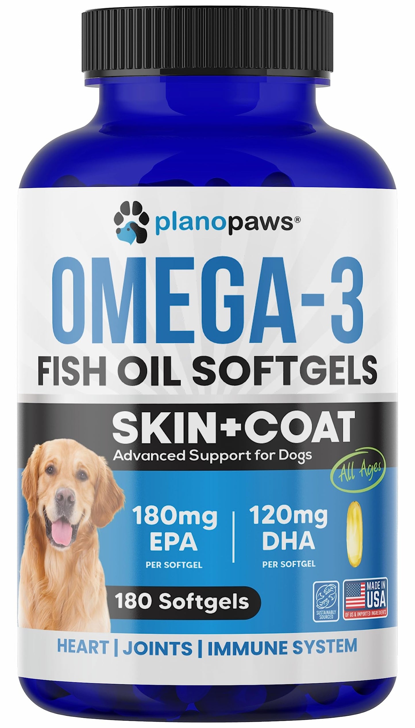 Omega 3 Fish Oil for Dogs Capsules - Salmon Oil for Dogs - Dog Fish Oil Supplement May Help Shedding, Allergy, Itching - Support Dry Skin, Joints - Dog Skin and Coat Supplement - 180 Fish Oil Pills