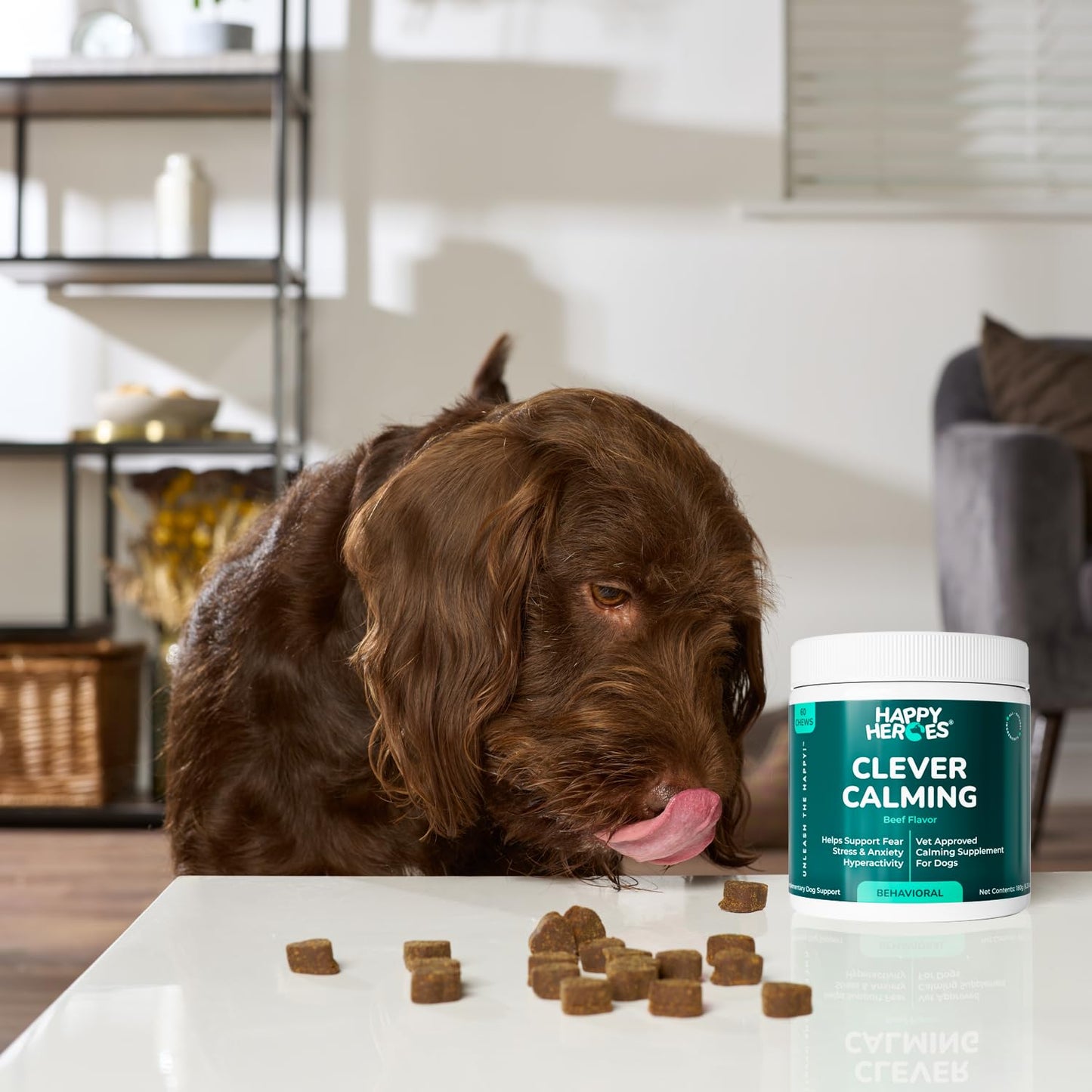 Happy Heroes - Clever Calming Chews for Dogs, 100% Natural Dog Supplement, For Anxiety Relief, Helps Stress, Fear, Hyperactivity, Reactivity, Beef Flavor Calming Dog Treats, Made in USA, 60 Soft Chews