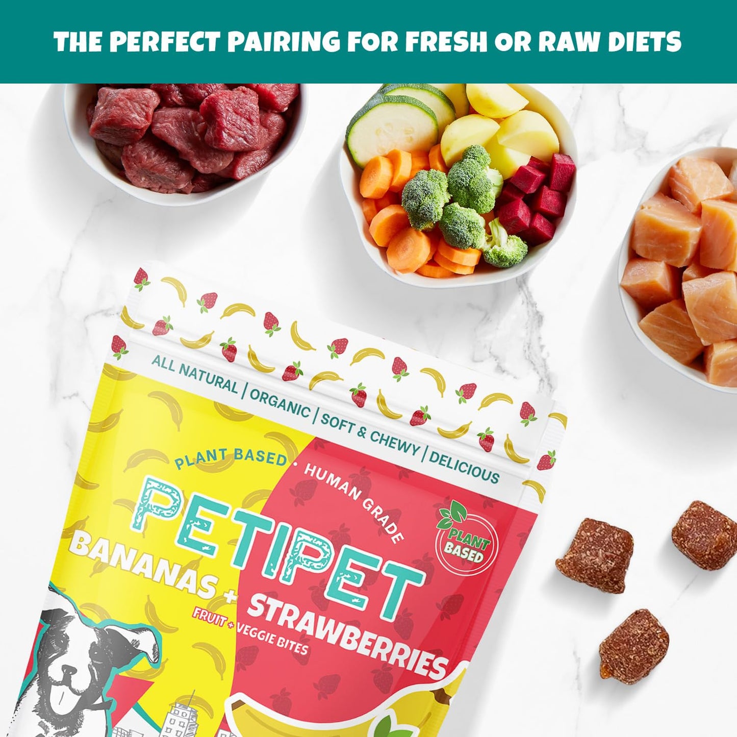 PETIPET Bananas+Strawberries Plant-Based Fruit Dog Treats - Strawberry, Apple, Banana Soft & Chewy Treats - Healthy, Vegetarian, Vegan - Organic Ingredients, Low-Protein, Hypoallergenic, Gluten-Free