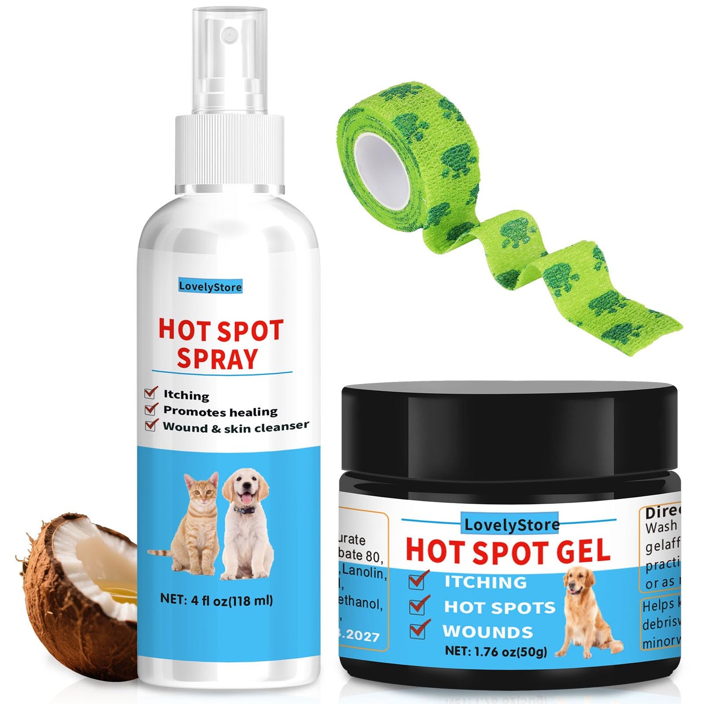 Hot Spot Treatment for Dogs and Wound Care Kit - 3 in 1 Hot Spot Spray & Gel Treatment for Dogs Cats Vet Wrap Cohesive Bandage - Hotspot Dog Wound Care for Skin Sores Safe & Non-Irritating for Pets
