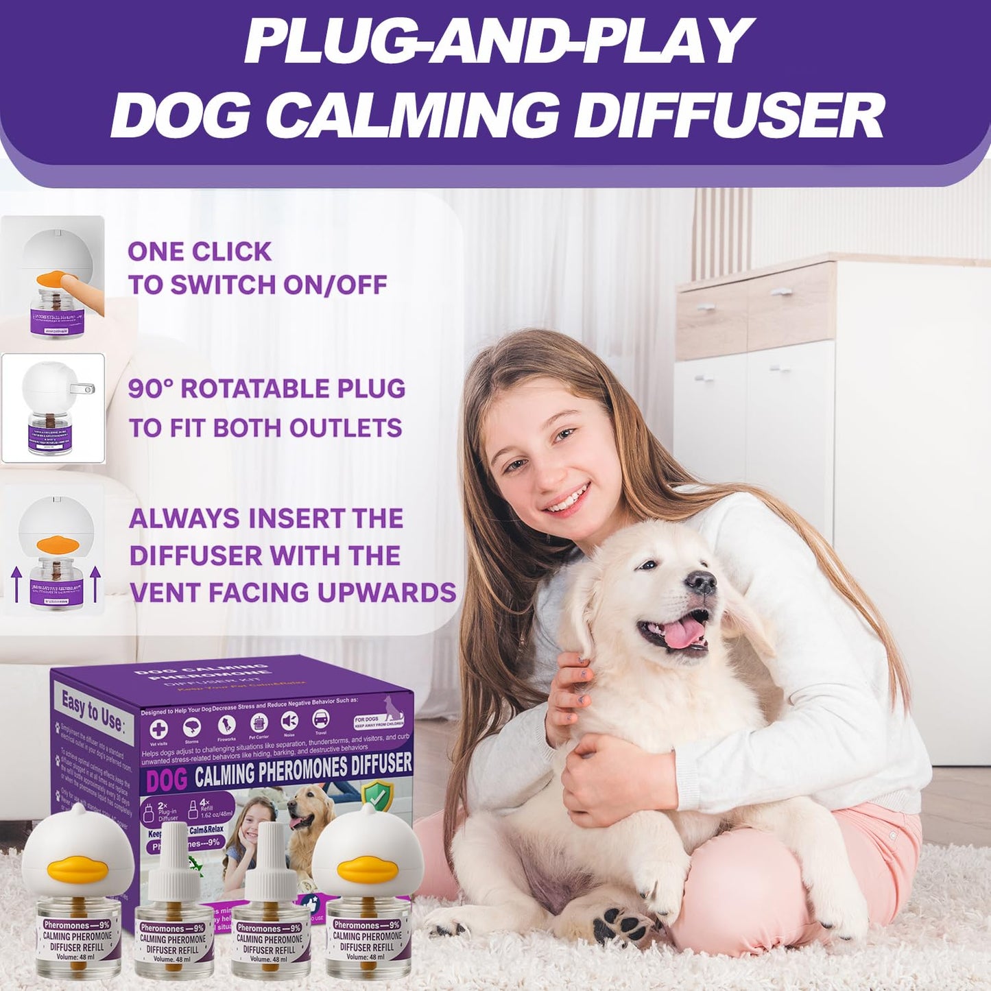 Dog Calming Pheromones Diffuser 6 in 1 Kit Appeasing Pheromone Diffuser to Calm (2 Plug in+4 Pack 48ml Refill) for Anxiety Relief Reduce Aggression Fighting Barking Stress 120 Day Supply (Purple)