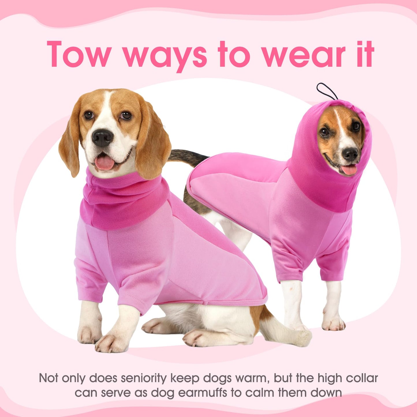 BRKURLEG Dog Hoodie with Ear Wraps Dog Turtleneck Sweatshirt Dog Anxiety Calming Hoodie Soft Pullover Elastic Dog Ear Covers Hood for Noise Warm Fleece Dog Sweater for Cold Weather, Pink M