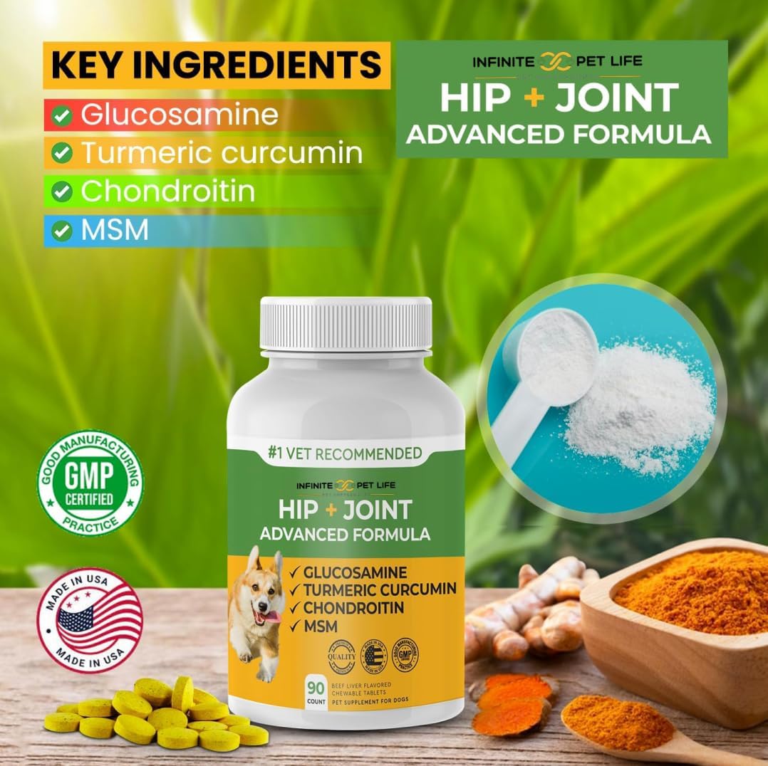 Advanced Hip and Joint Supplement for Dogs All Breeds - Glucosamine for Dogs Mobility & Pain Relief - All Natural Chondroitin, MSM & Turmeric Dog Joint Supplement - 90 Chewable Tablets