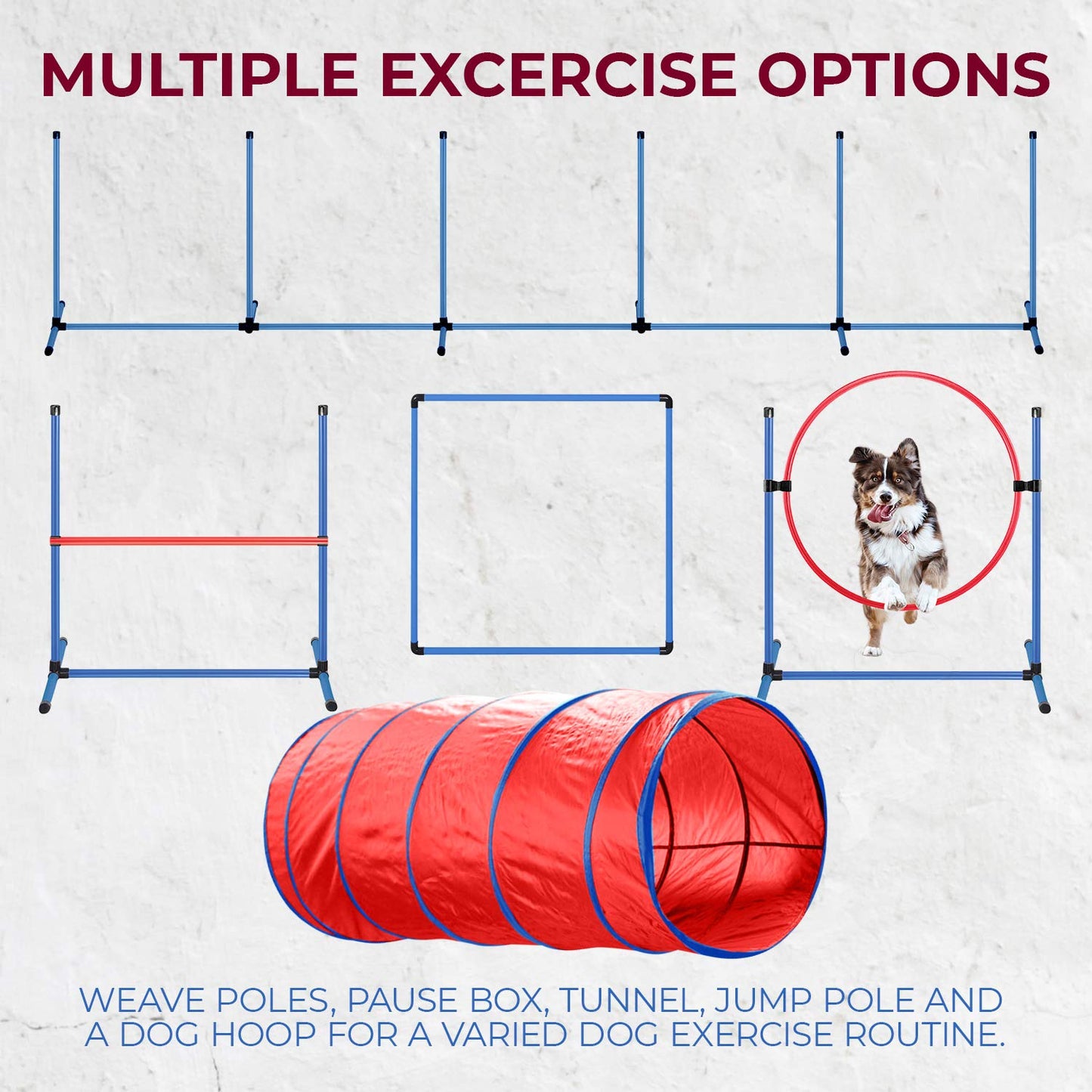 CHEEERING PET Premium Agility Set, 5-Piece Dog Training Kit - Tunnel, Jump, Hoop, Weave Poles, Easy-Carry Case for Indoor/Outdoor Use