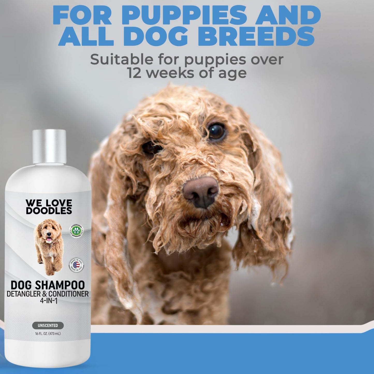 Dog Shampoo, Conditioner & Detangler - Best Shampoo for Goldendoodles, Poodles & Doodles - for Matted Pet Hair - Sensitive Skin Shampoo for Puppies - Made in The USA, 16OZ (Unscented)
