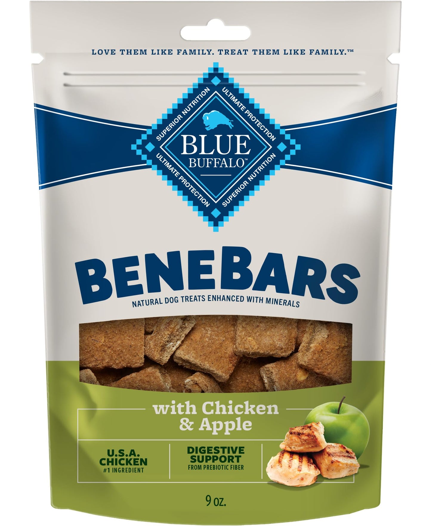 Blue Buffalo BeneBars Digestive Support Dog Treats with Prebiotic Fiber, Made with Natural Ingredients, USA Chicken & Apple, 9-oz Bag